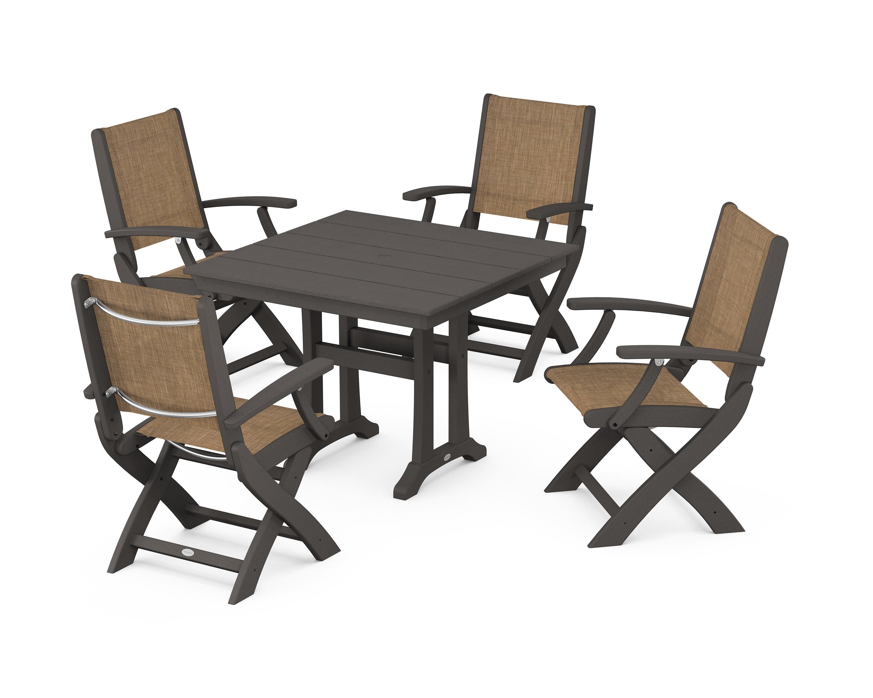 Coastal Folding Chair 5-Piece Farmhouse Dining Set With Trestle Legs in Vintage Coffee / Burlap Sling
