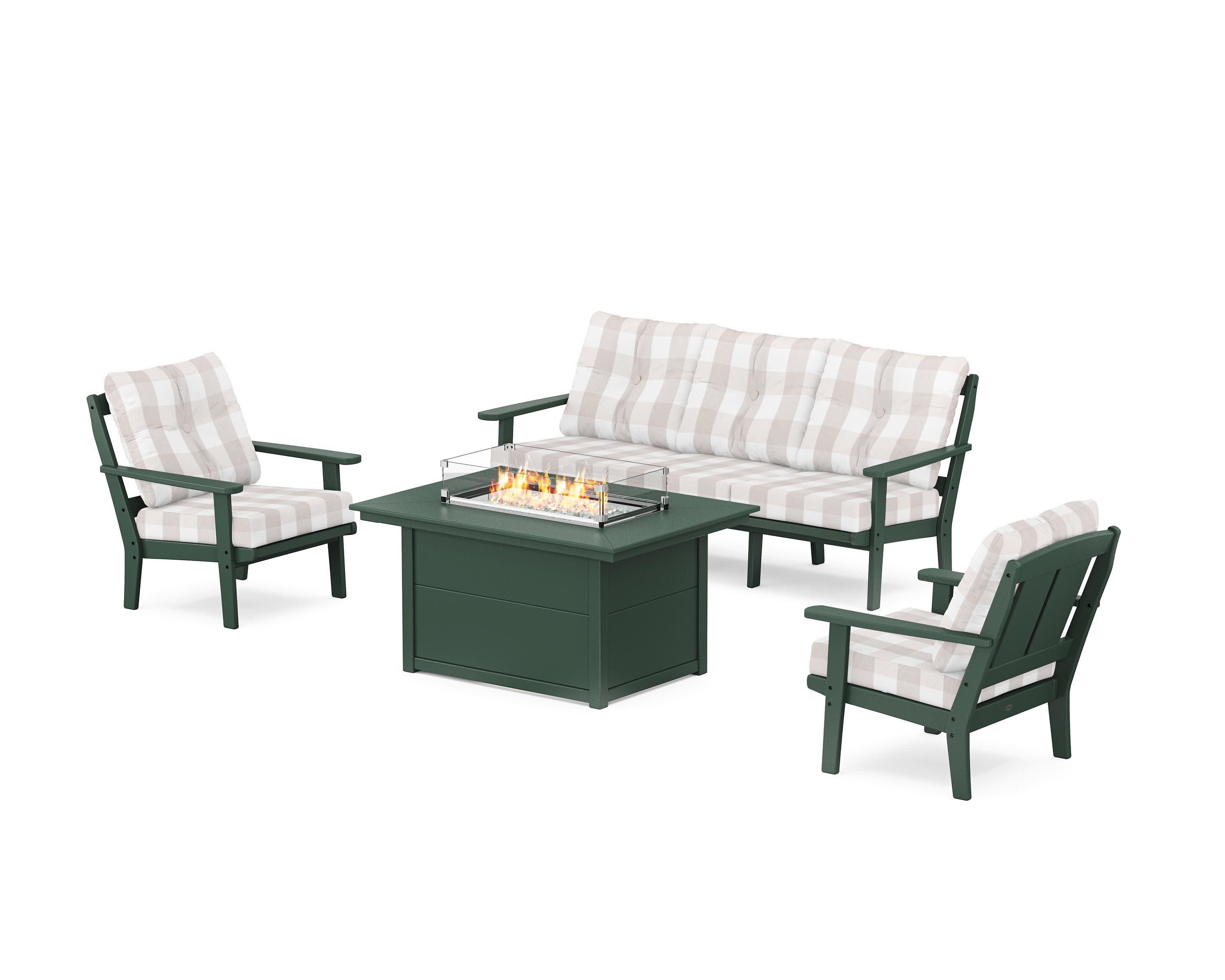 Mission Deep Seating Fire Pit Table Set in Green / Buffalo Plaid Dune Burlap