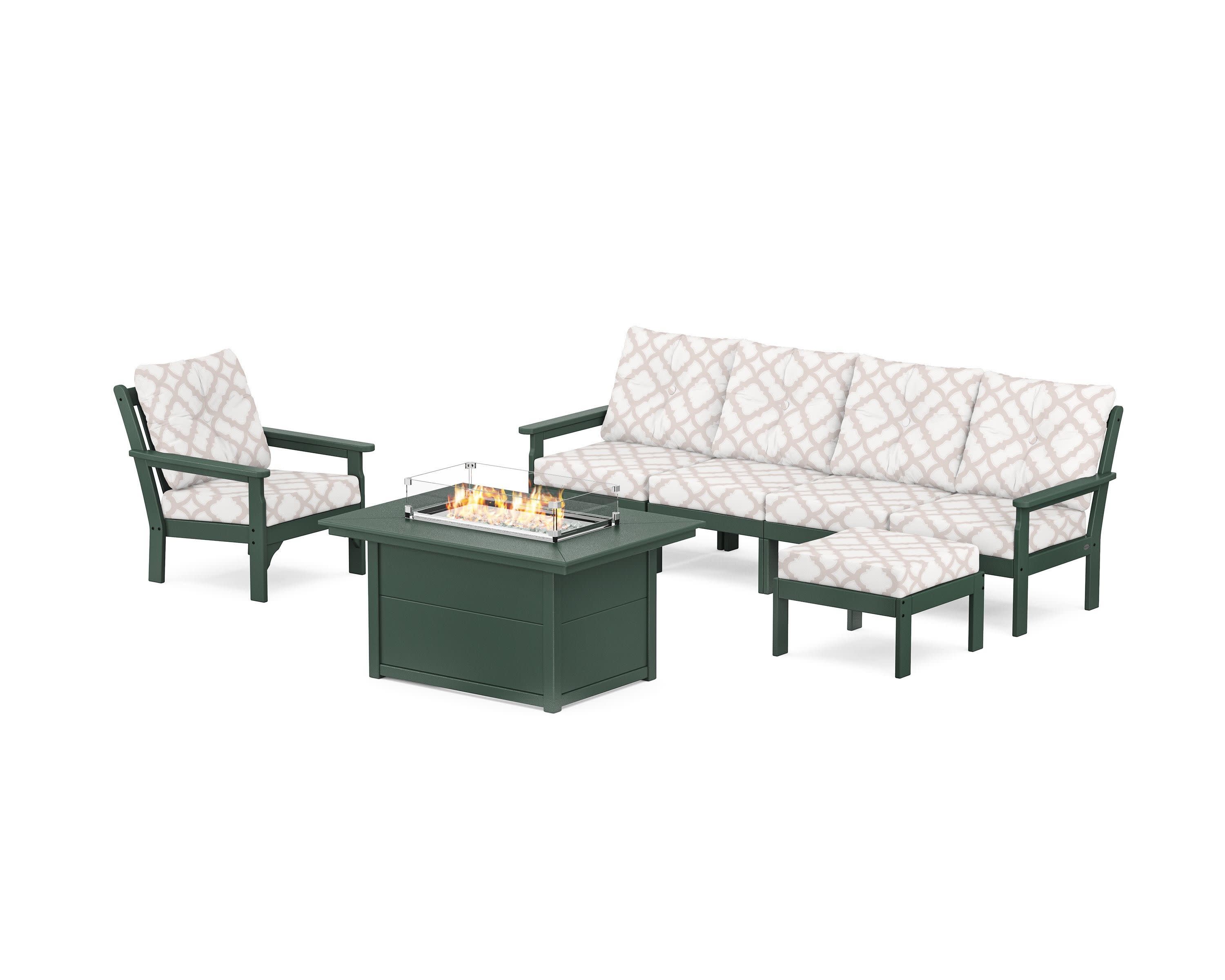 Vineyard Sectional Lounge and Fire Pit Set in Green / Trellis Dune Burlap