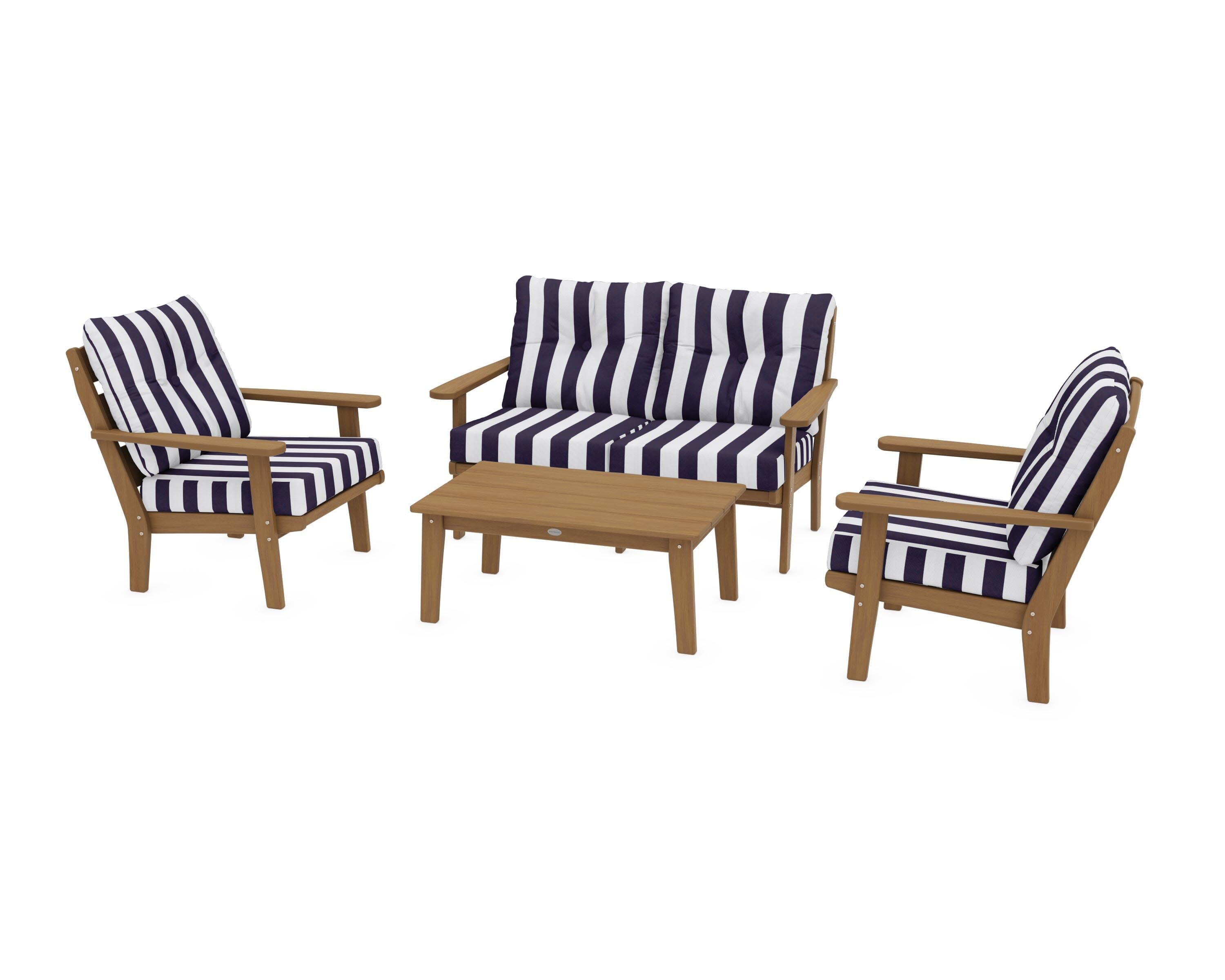Lakeside 4-Piece Deep Seating Set in Natural / Cabana Stripe Navy
