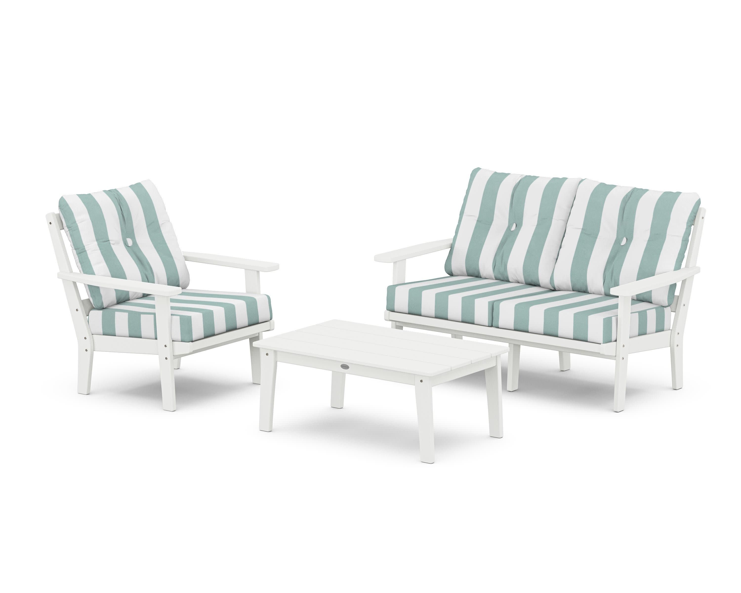 Prairie 3-Piece Deep Seating Set with Loveseat in White / Cabana Stripe Glacier Spa