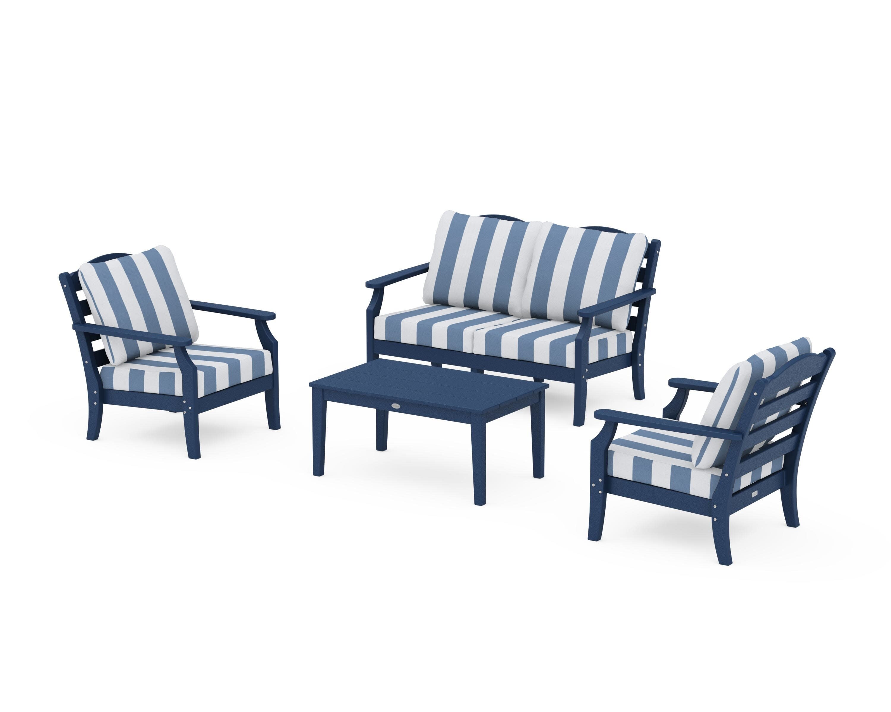 Savannah 4-Piece Deep Seating Set with Loveseat in Navy / Cabana Stripe Sky Blue