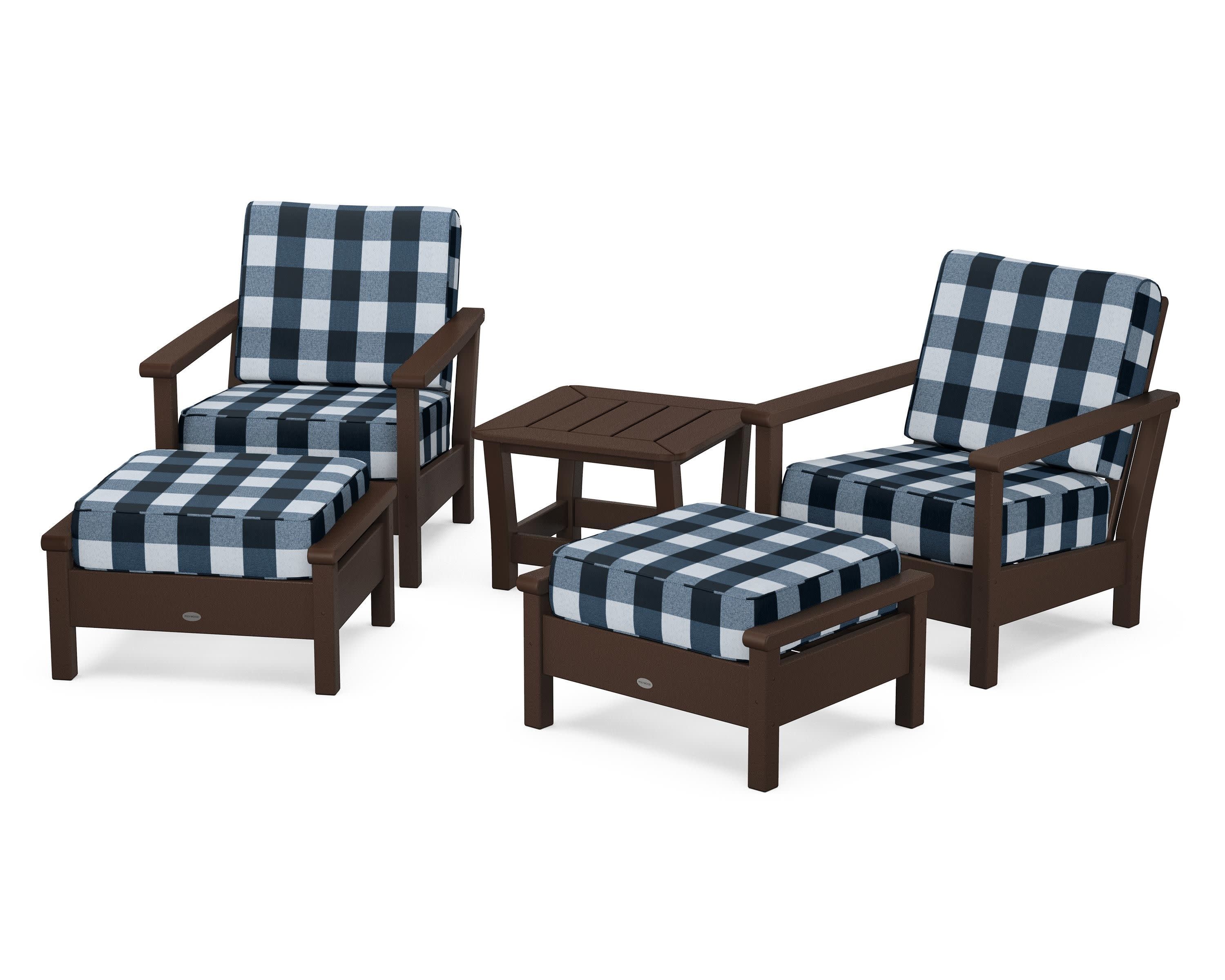 Harbour 5-Piece Deep Seating Chair Set in Mahogany / Buffalo Plaid Marine Indigo
