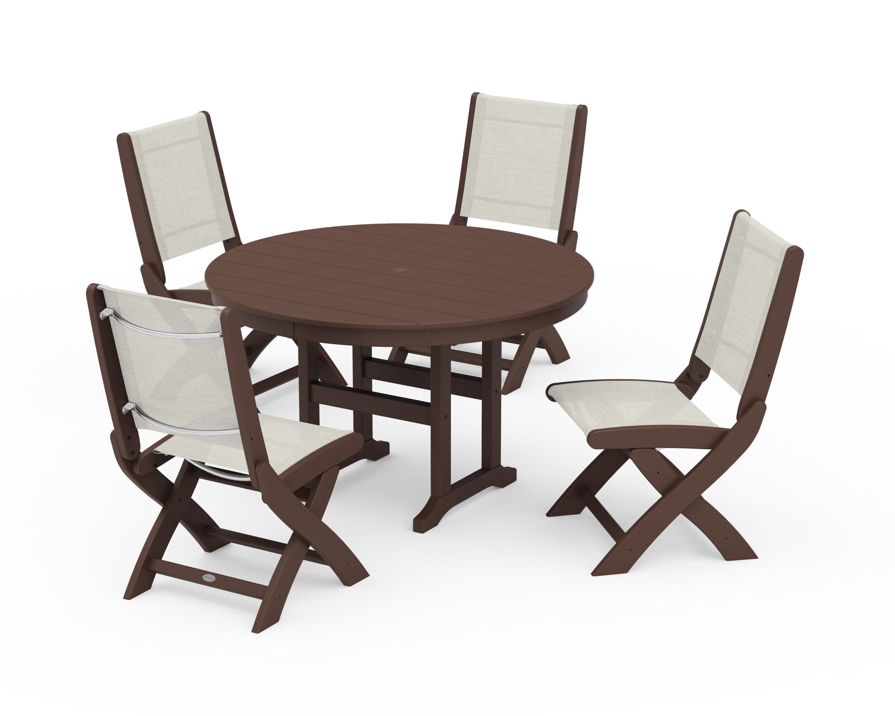 Coastal Folding Side Chair 5-Piece Round Dining Set in Mahogany / Parchment Sling
