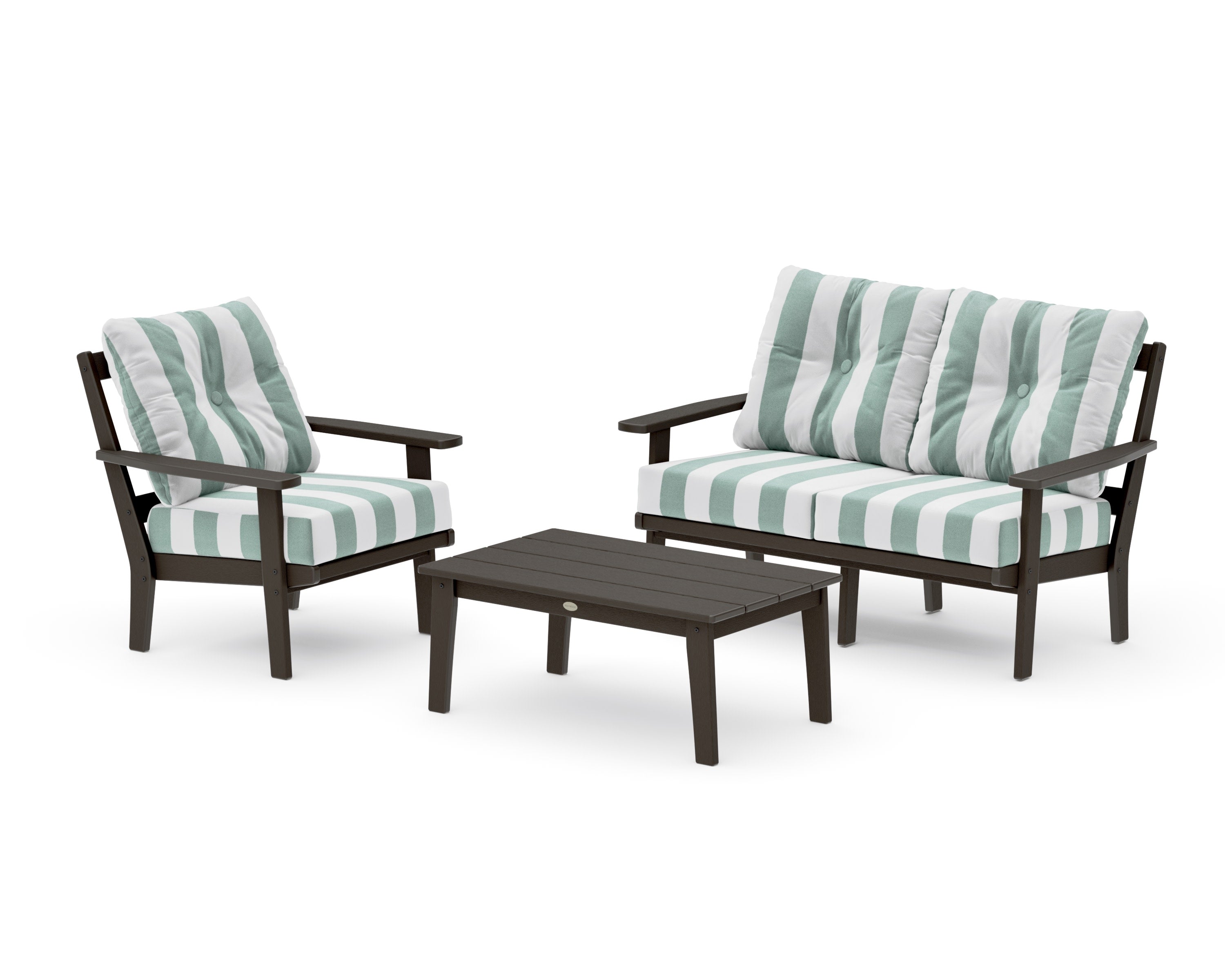 Prairie 3-Piece Deep Seating Set with Loveseat in Vintage Coffee / Cabana Stripe Glacier Spa