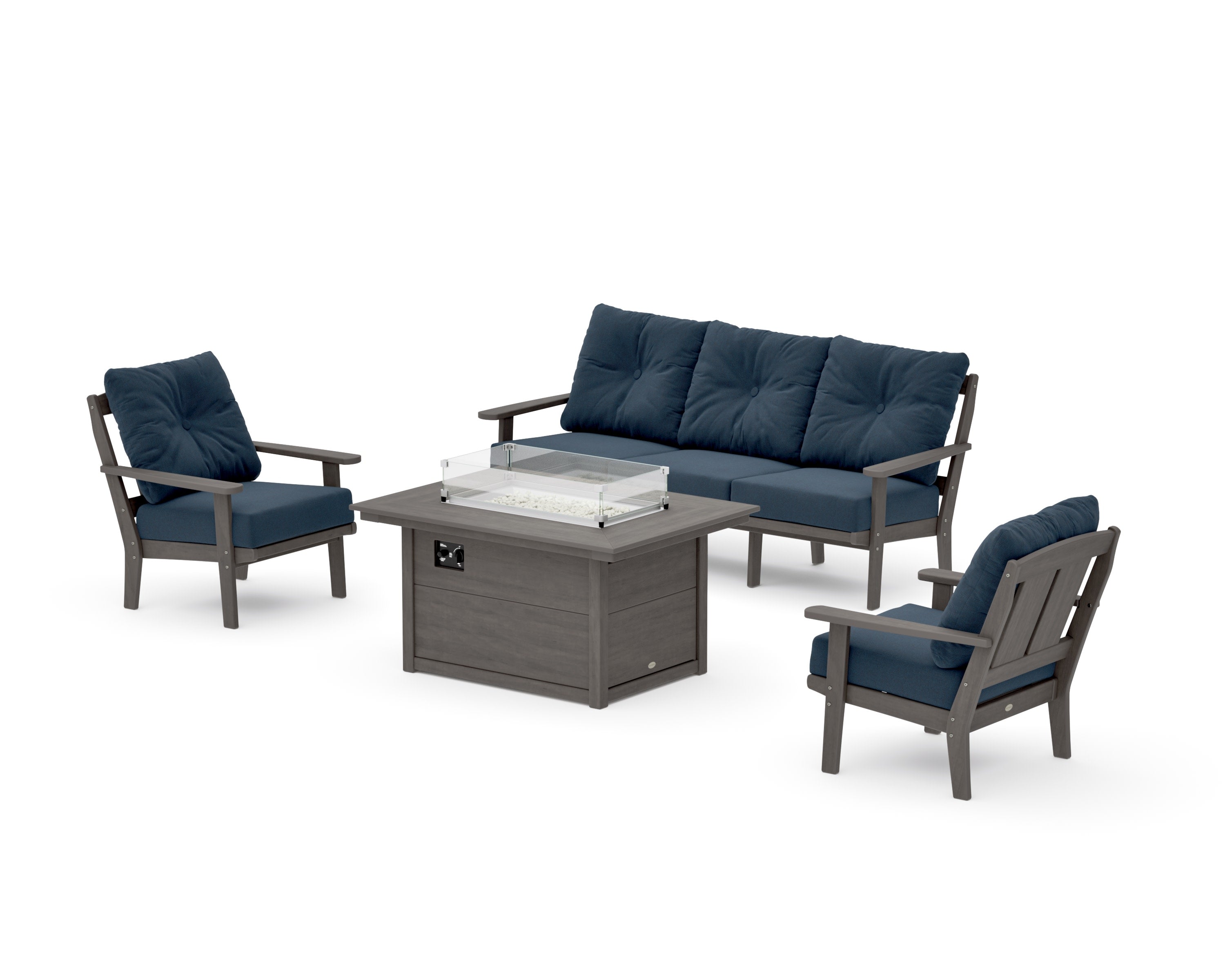 Mission Deep Seating Fire Pit Table Set in Driftwood / Marine Indigo