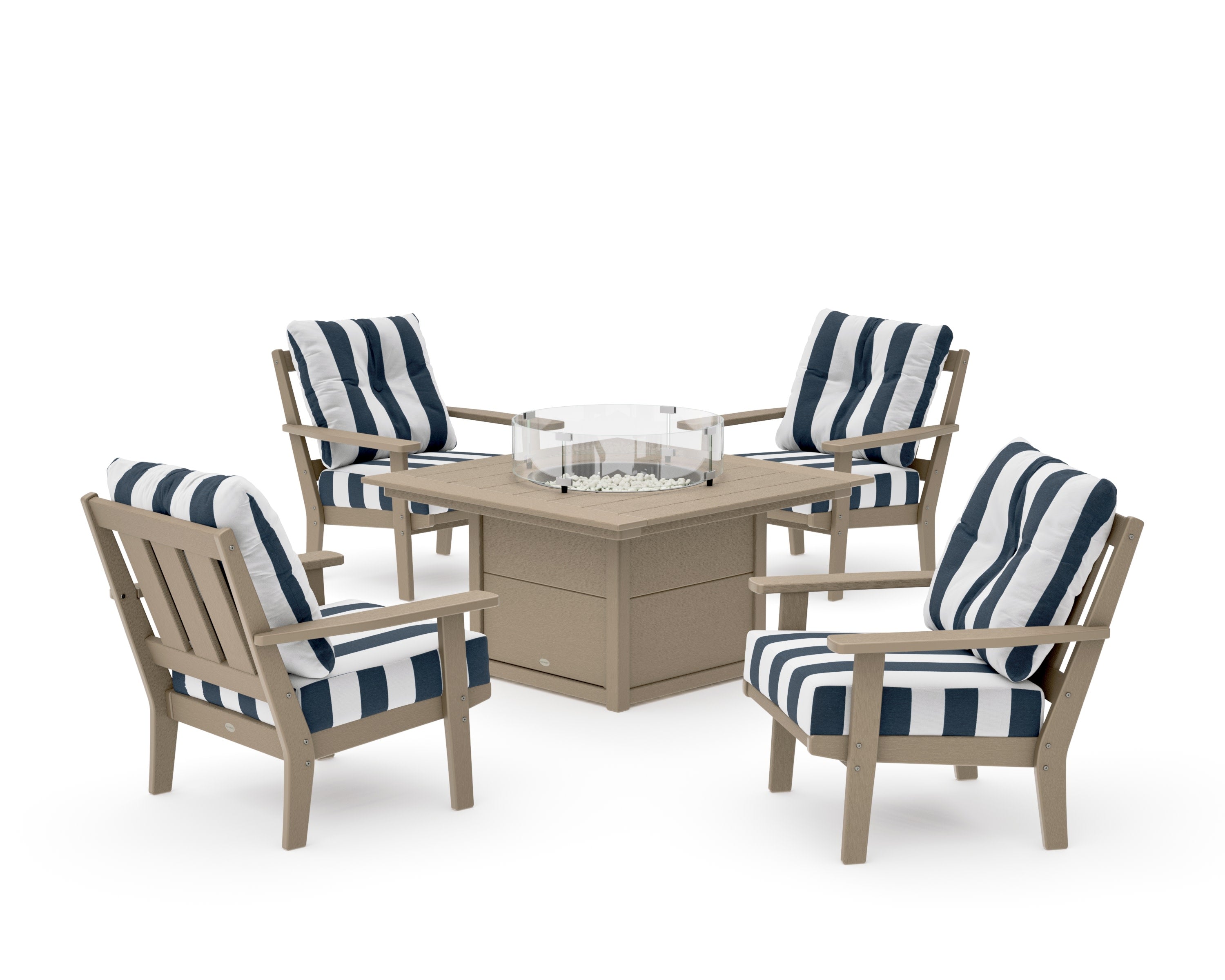 Oxford 5-Piece Deep Seating Set with Fire Pit Table in Vintage Sahara / Cabana Stripe Marine Indigo