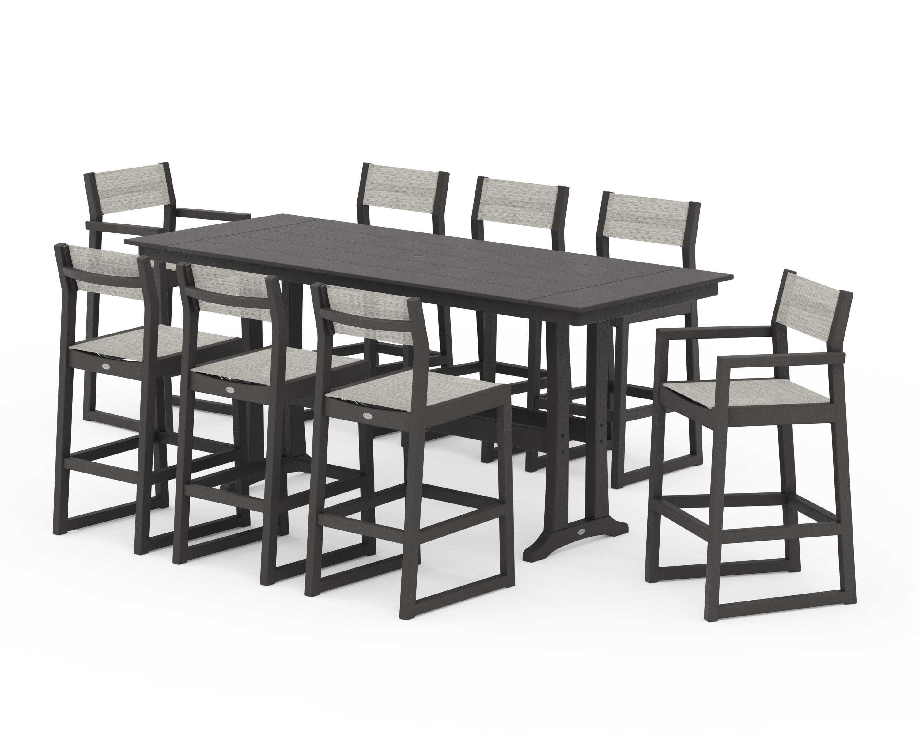 EDGE Sling 9-Piece Farmhouse Bar Set with Trestle Legs in Vintage Coffee / Birch Sling