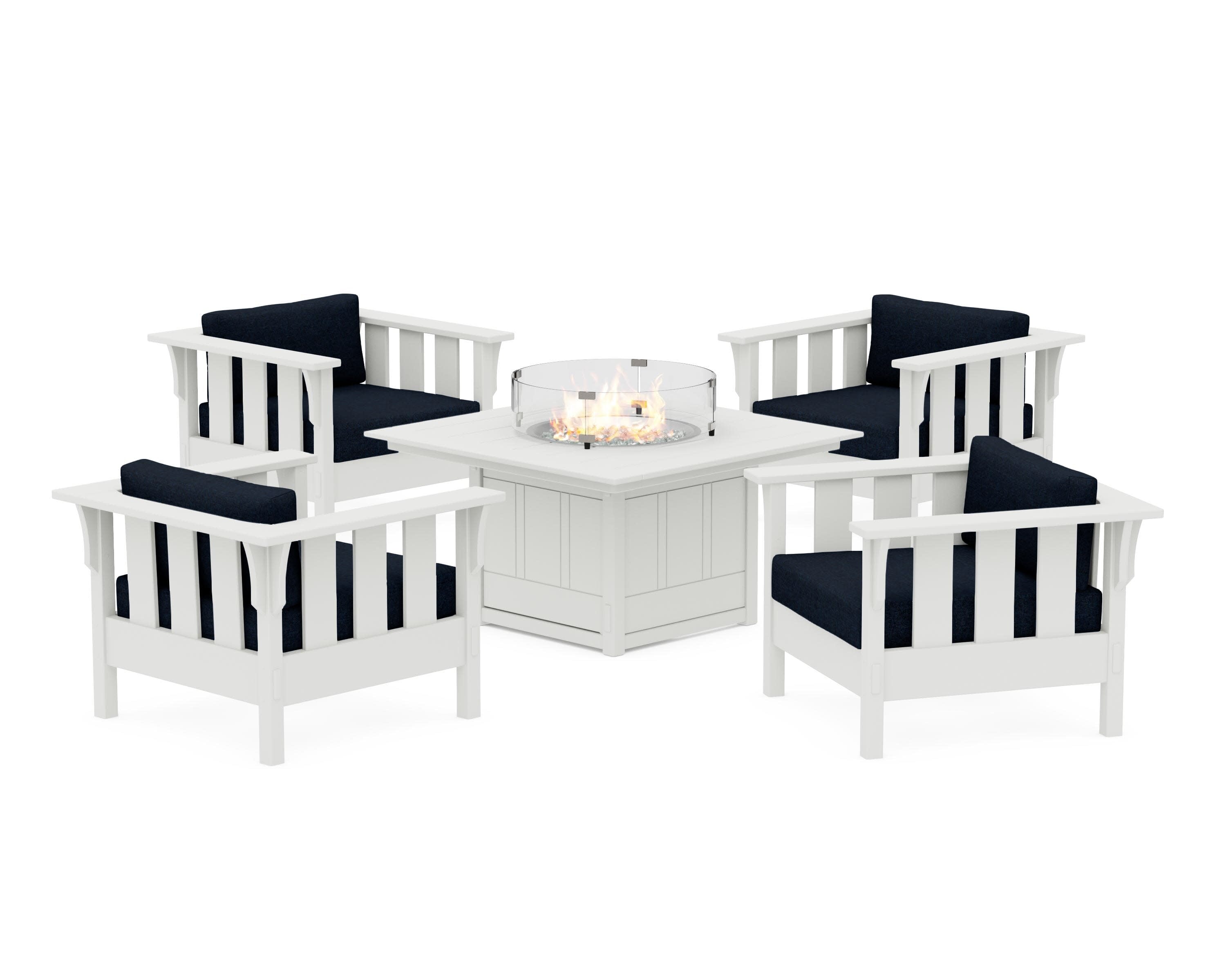 Acadia 5-Piece Deep Seating Set with Fire Pit Table in White / Marine Indigo