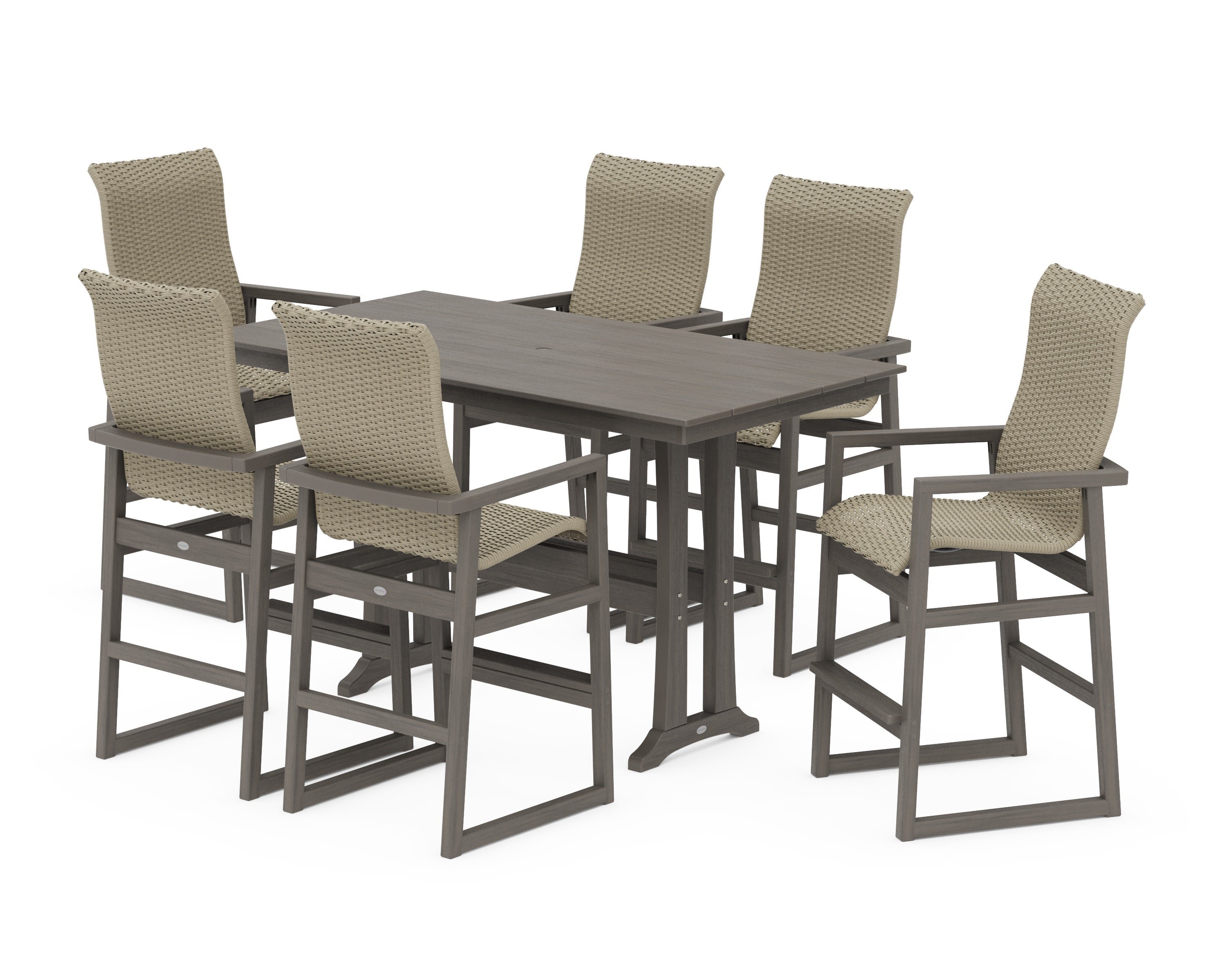 EDGE Woven Highback Arm Chair 7-Piece Farmhouse Bar Set with Trestle Legs in Driftwood / Dune Grass
