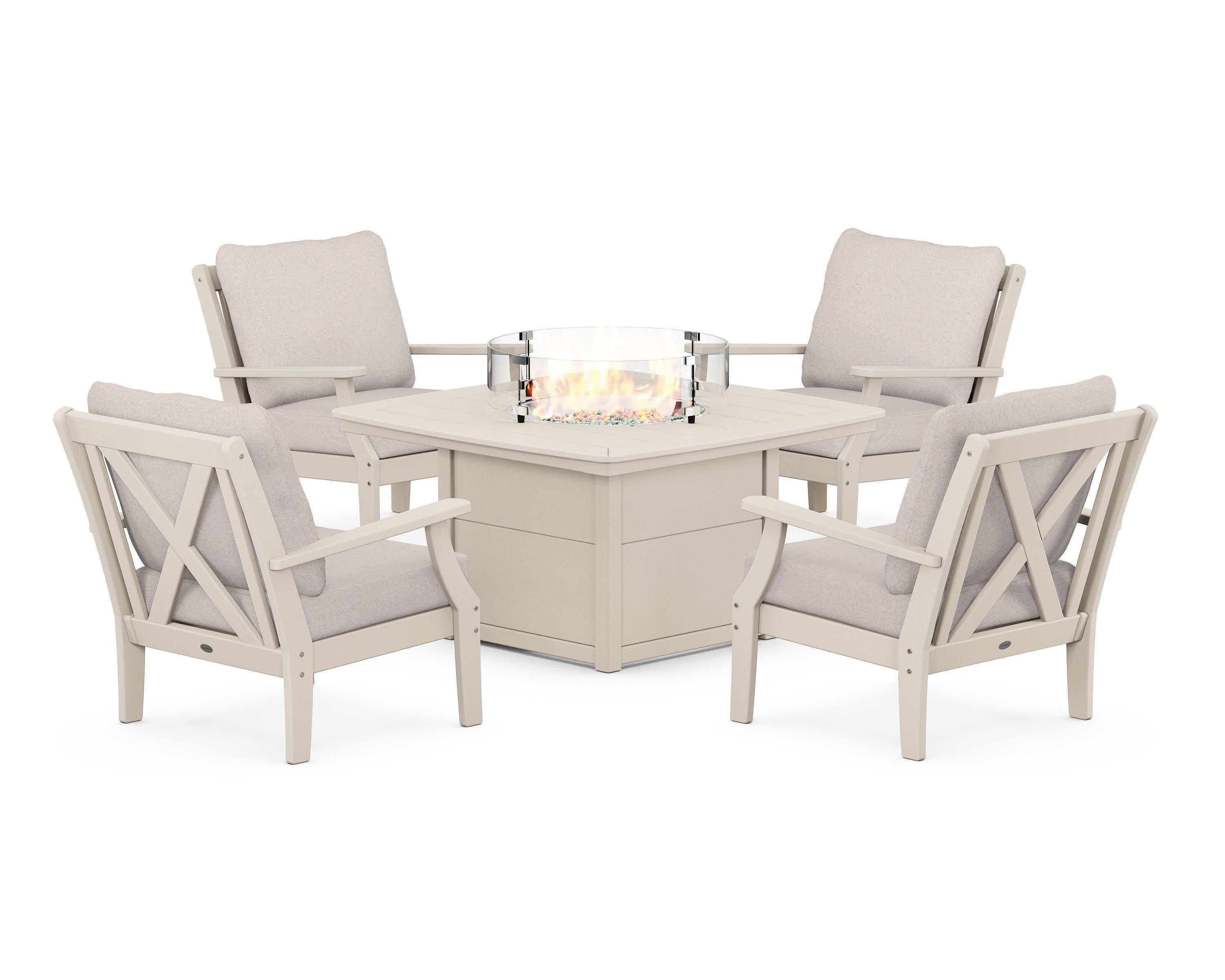 Braxton 5-Piece Deep Seating Conversation Set with Fire Pit Table in Sand / Dune Burlap