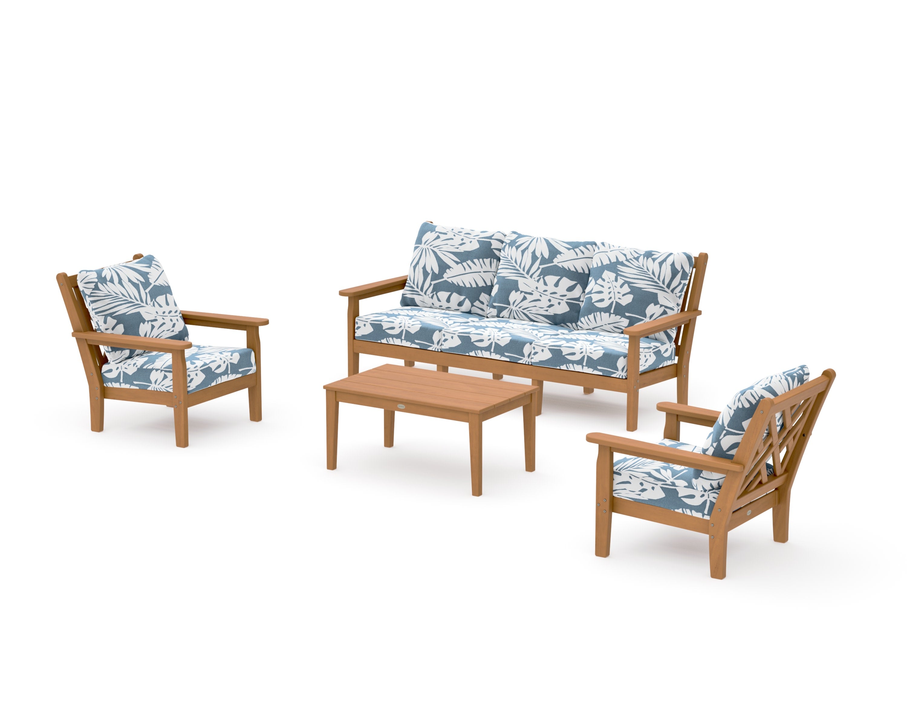 Chippendale 4-Piece Deep Seating Set with Sofa in Natural / Leaf Sky Blue