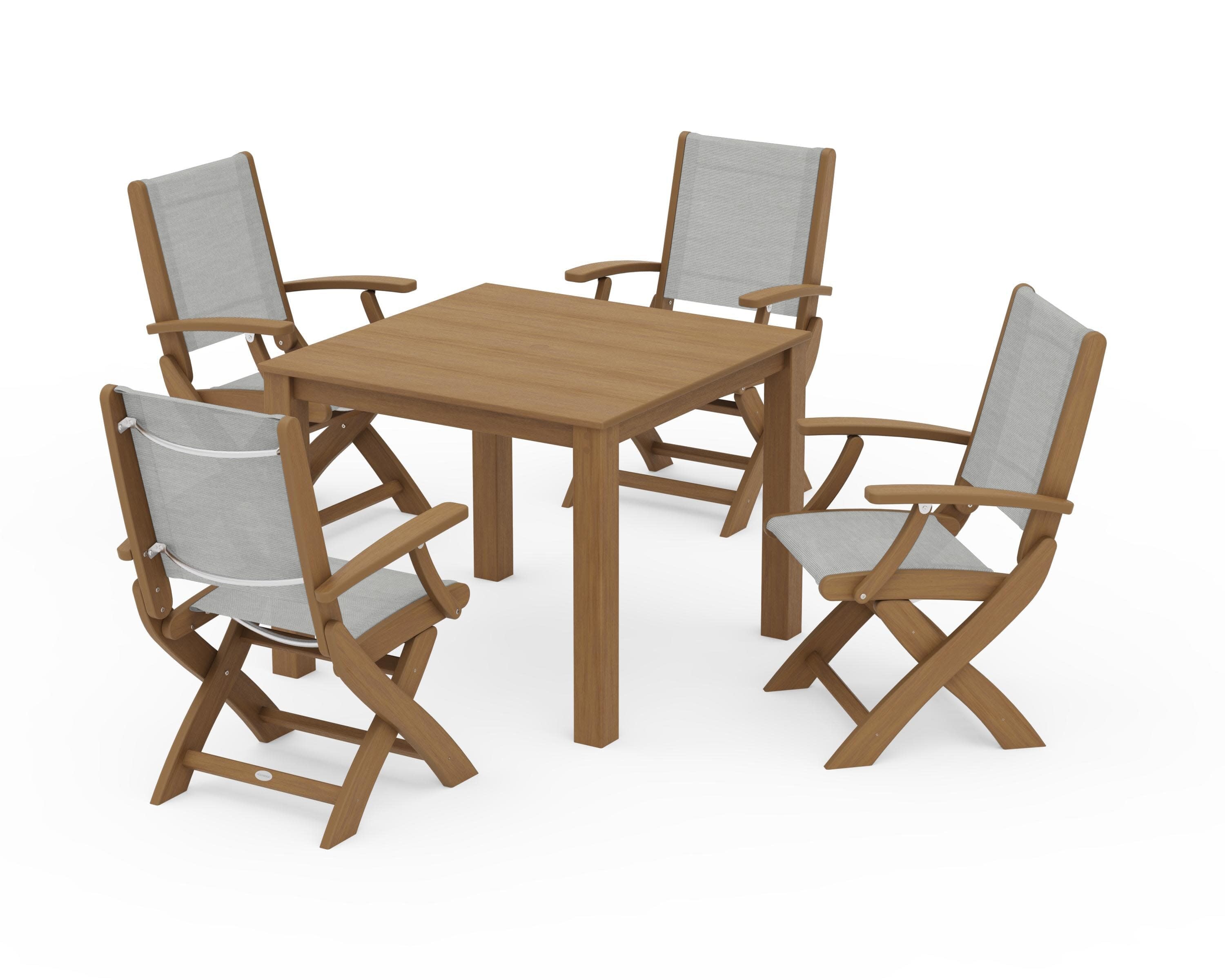 Coastal Folding Chair 5-Piece Parsons Dining Set in Natural / Metallic Sling
