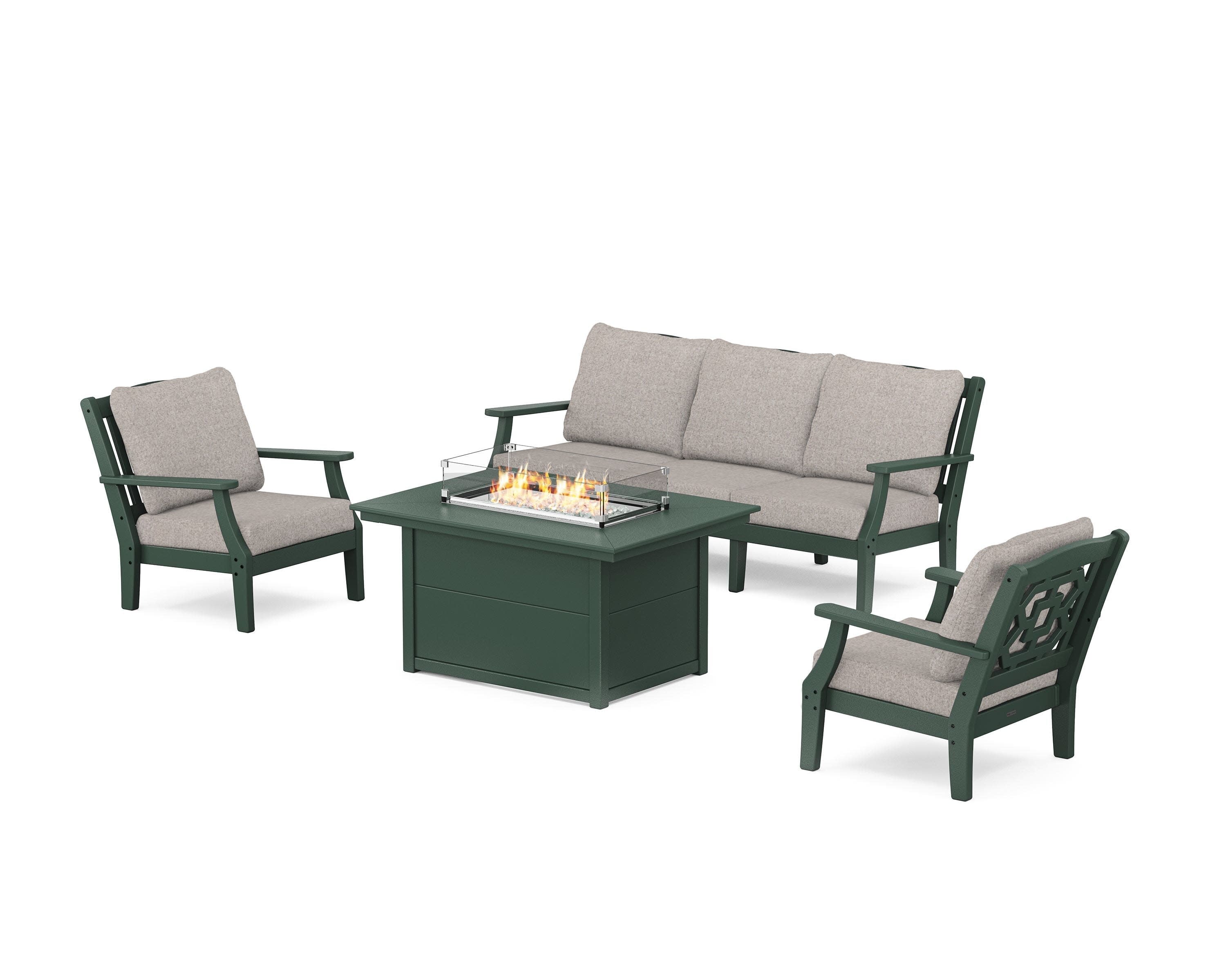 Chinoiserie Deep Seating Fire Pit Table Set in Green / Weathered Tweed