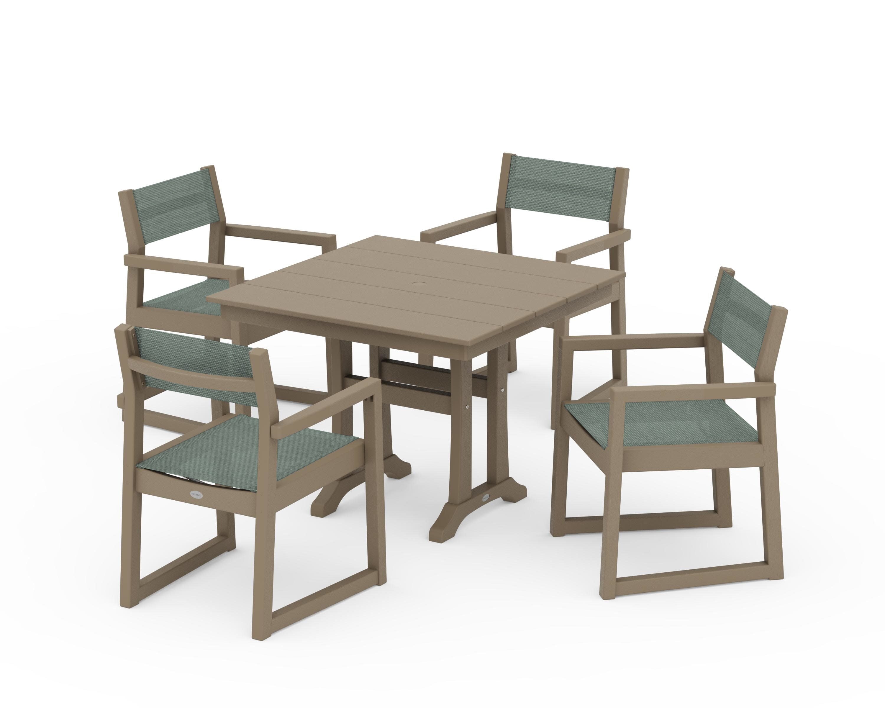 EDGE Sling 5-Piece Farmhouse Dining Set with Trestle Legs in Vintage Sahara / Dupioni Sea Mist Sling