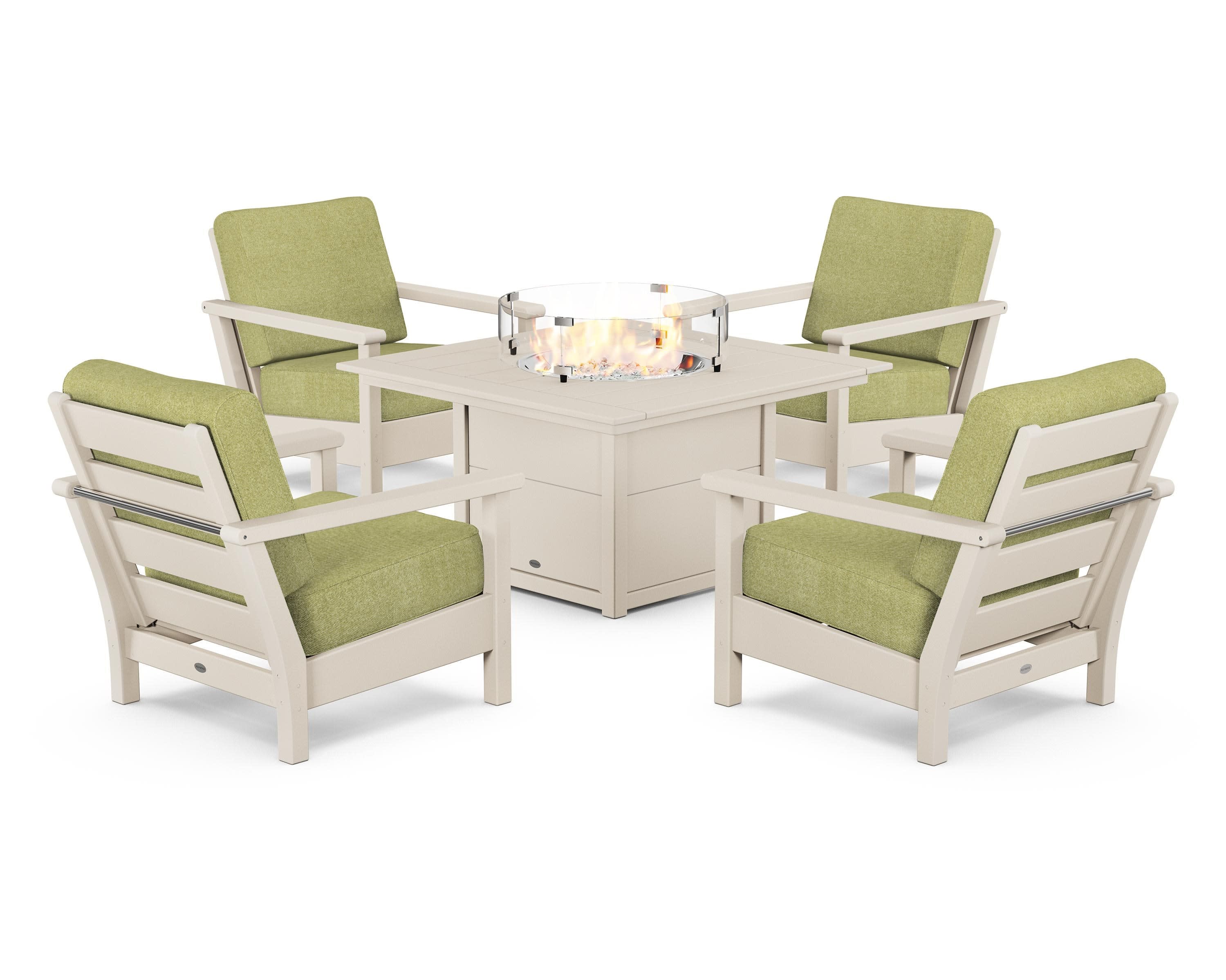 Harbour 5-Piece Conversation Set with Fire Pit Table in Sand / Chartreuse Boucle