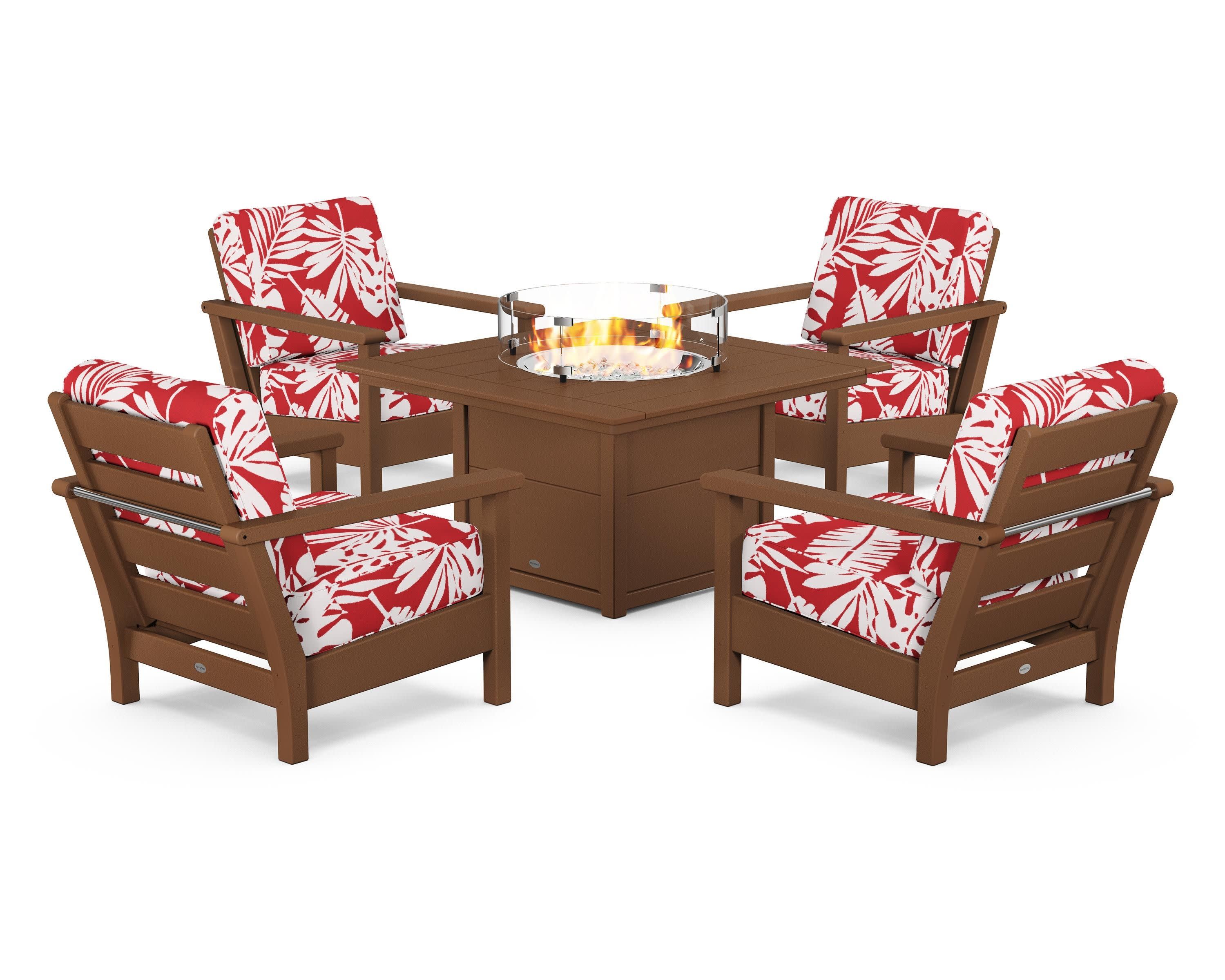 Harbour 5-Piece Conversation Set with Fire Pit Table in Teak / Leaf Crimson
