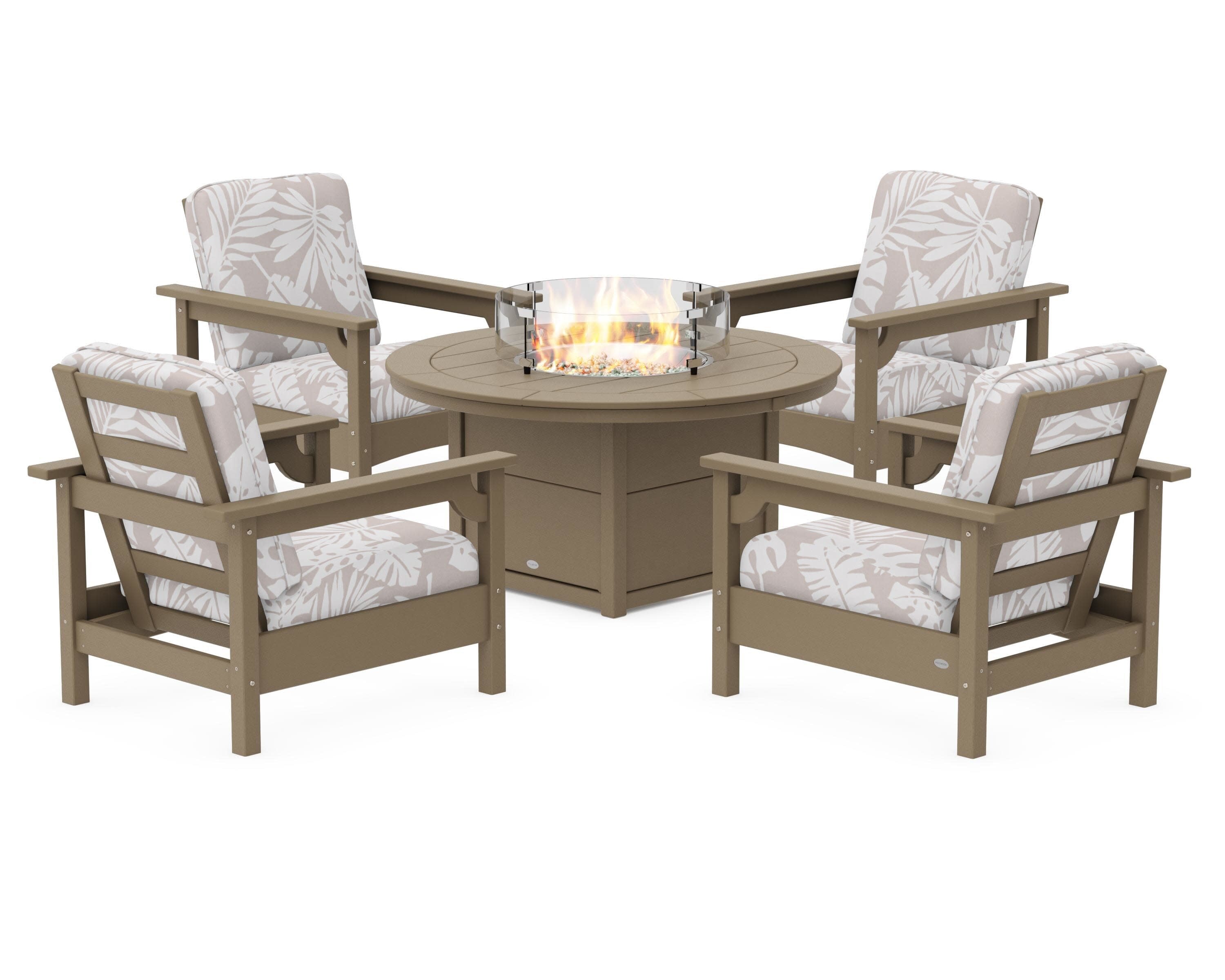 Club 5-Piece Conversation Set with Fire Pit Table in Vintage Sahara / Leaf Dune Burlap
