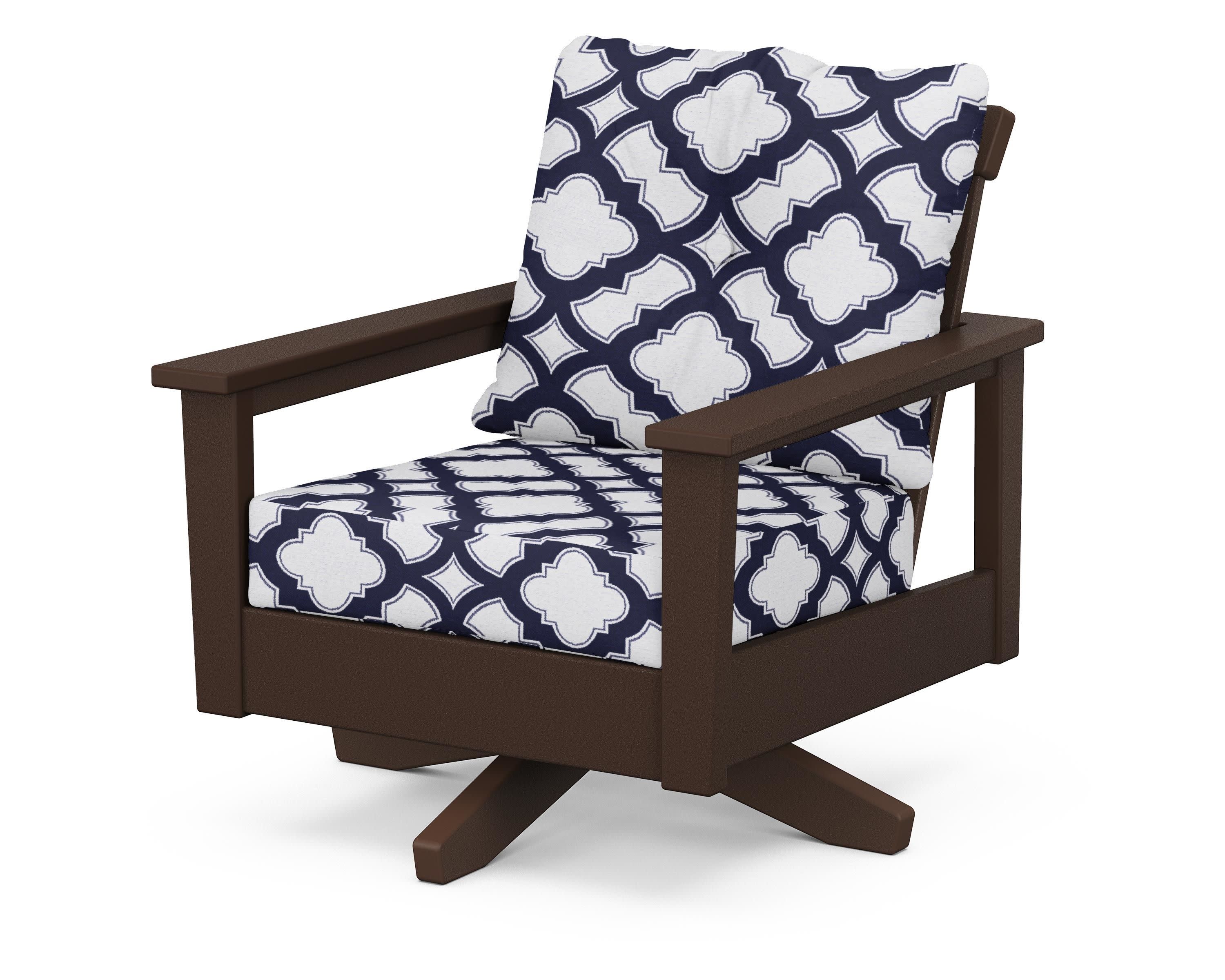 Prescott Deep Seating Swivel Chair in Mahogany / Trellis Navy