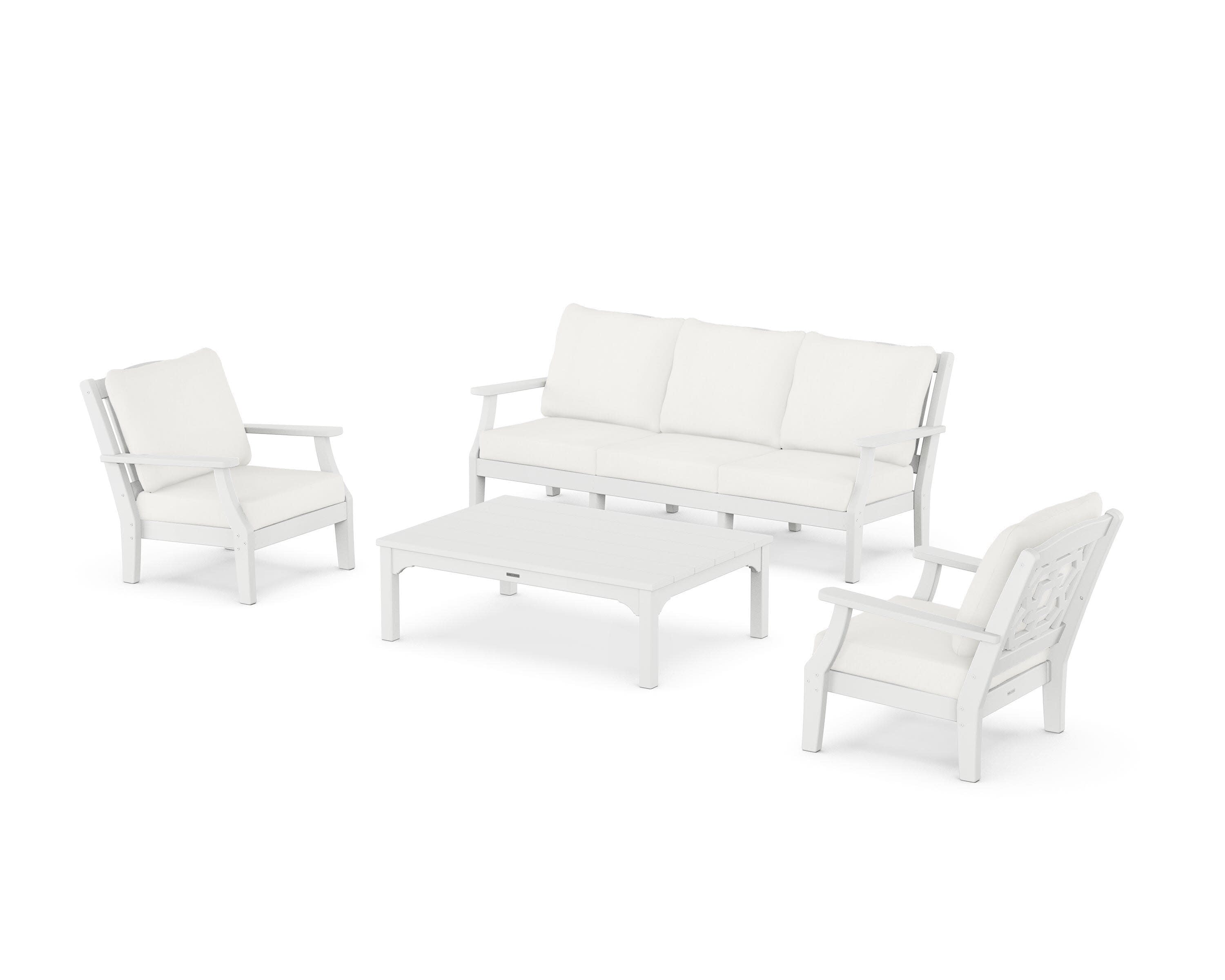 Chinoiserie 4-Piece Deep Seating Set with Sofa in White / Natural Linen