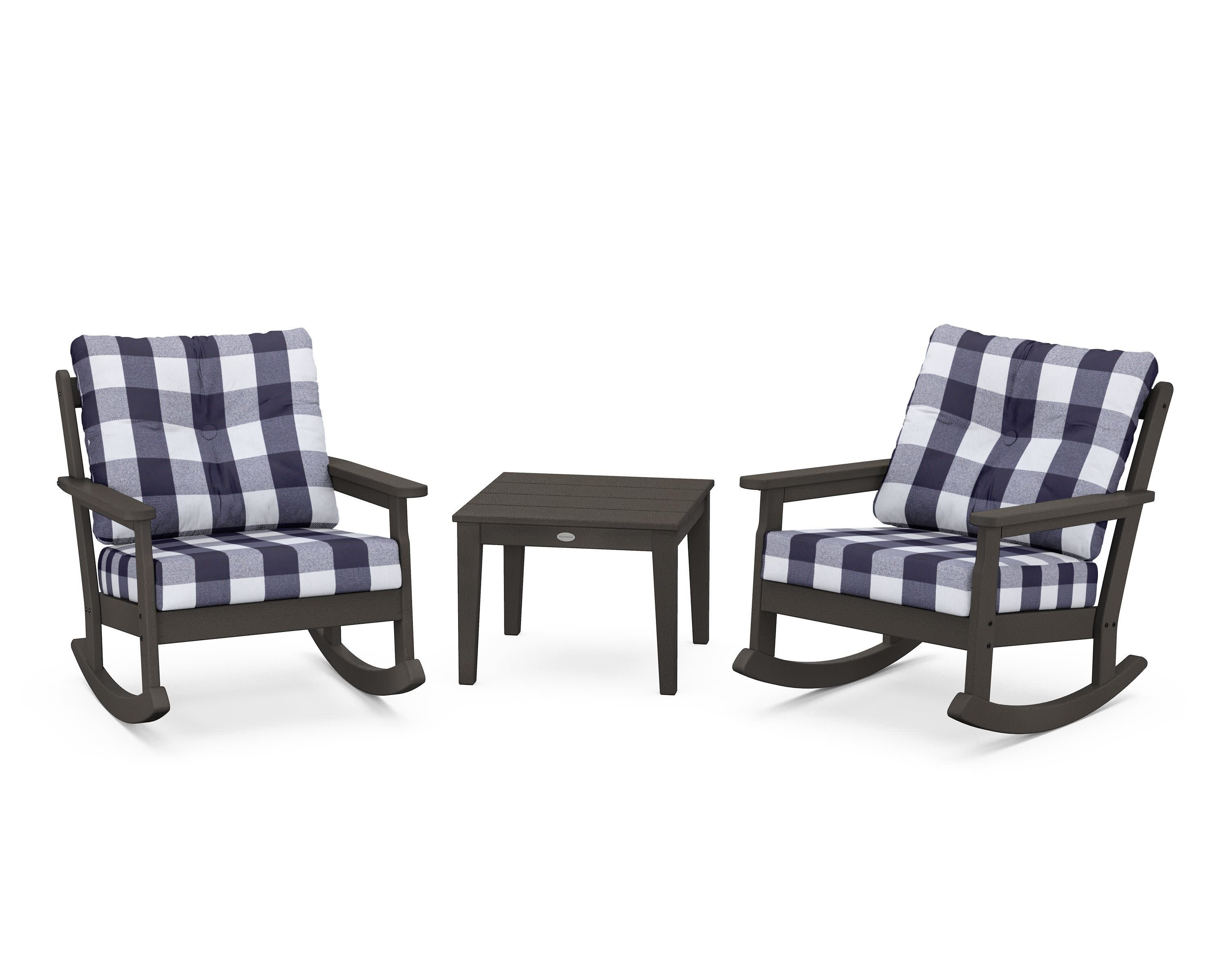 Vineyard 3-Piece Deep Seating Rocker Set in Vintage Coffee / Buffalo Plaid Navy