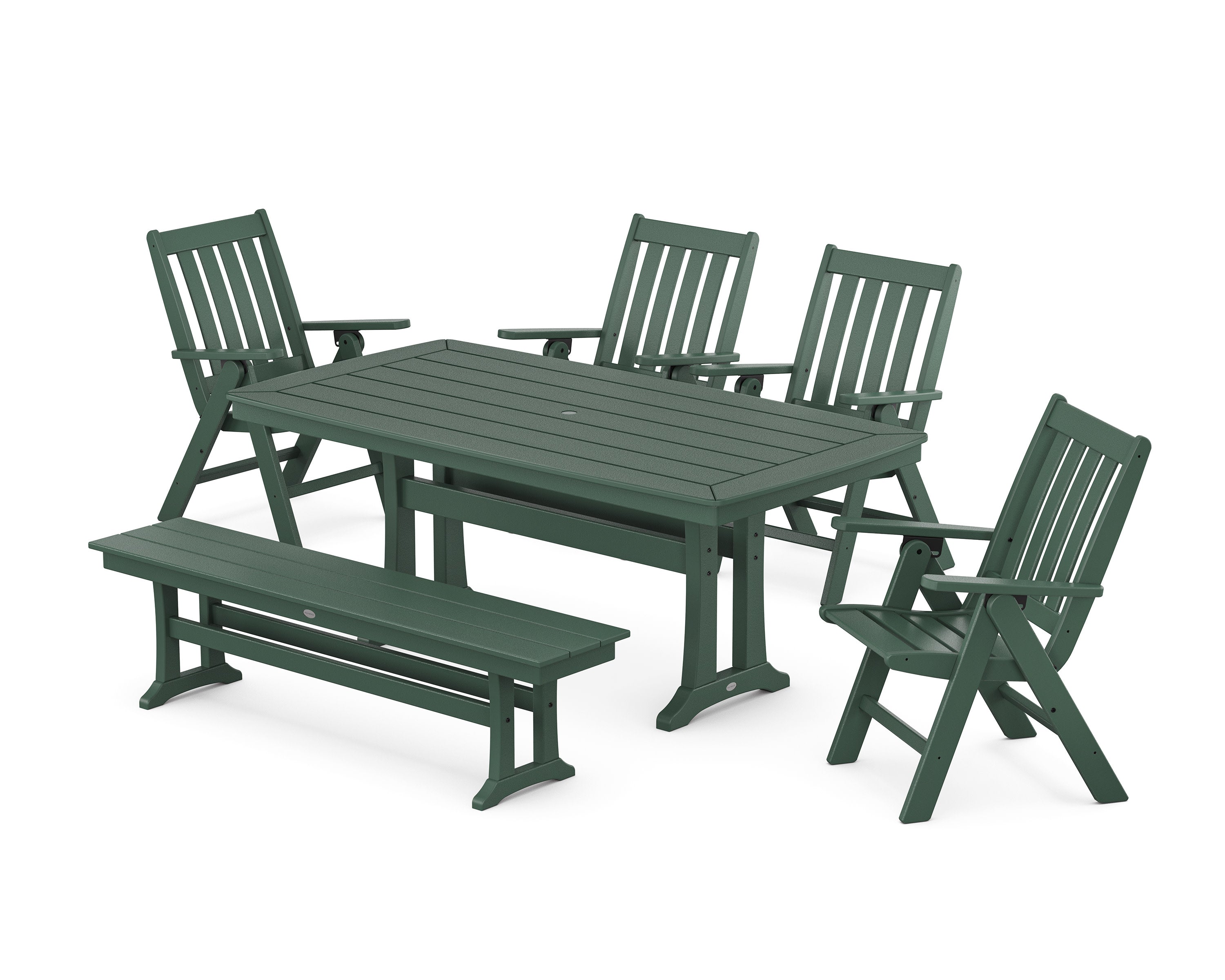 Vineyard Folding Chair 6-Piece Dining Set with Trestle Legs and Bench in Green