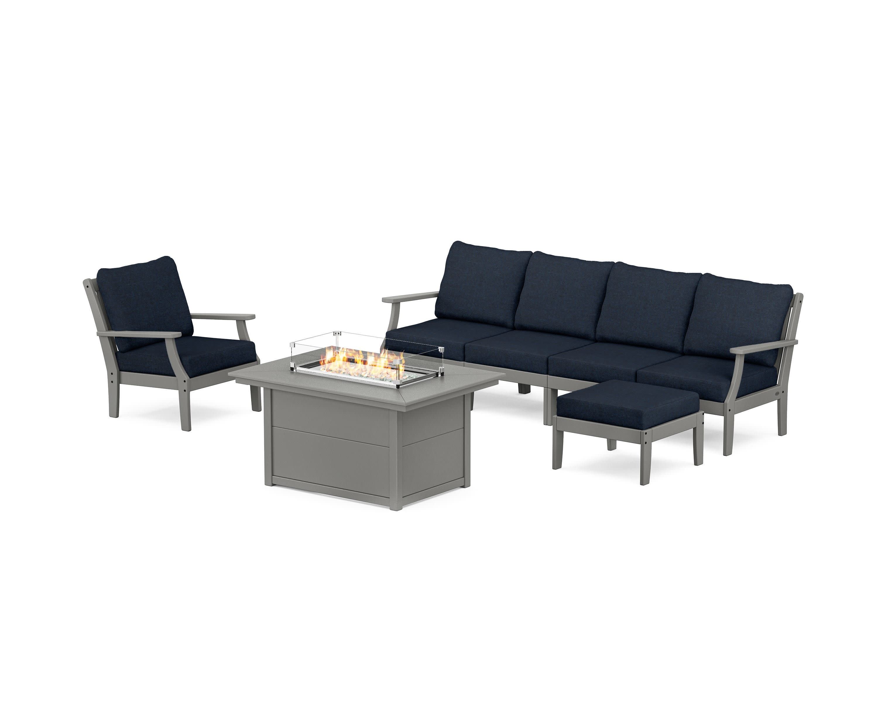 Braxton Sectional Lounge and Fire Pit Set in Slate Grey / Marine Indigo