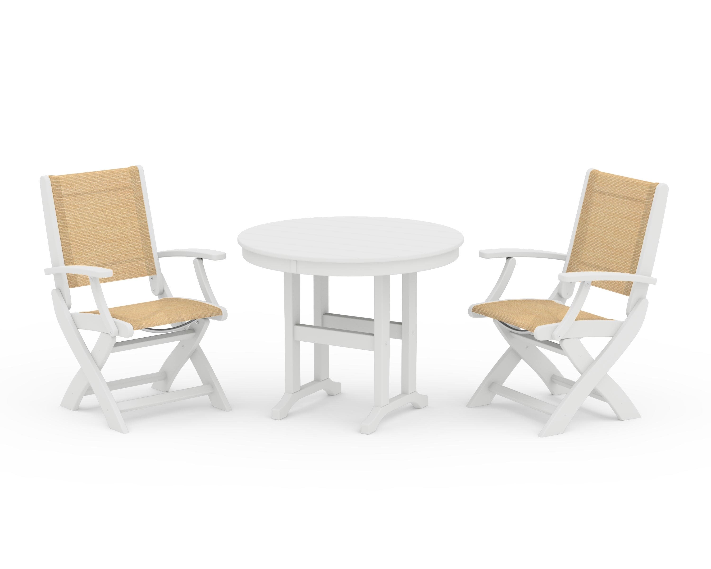 Coastal Folding Chair 3-Piece Round Dining Set in White / Dupioni Apricot Sling
