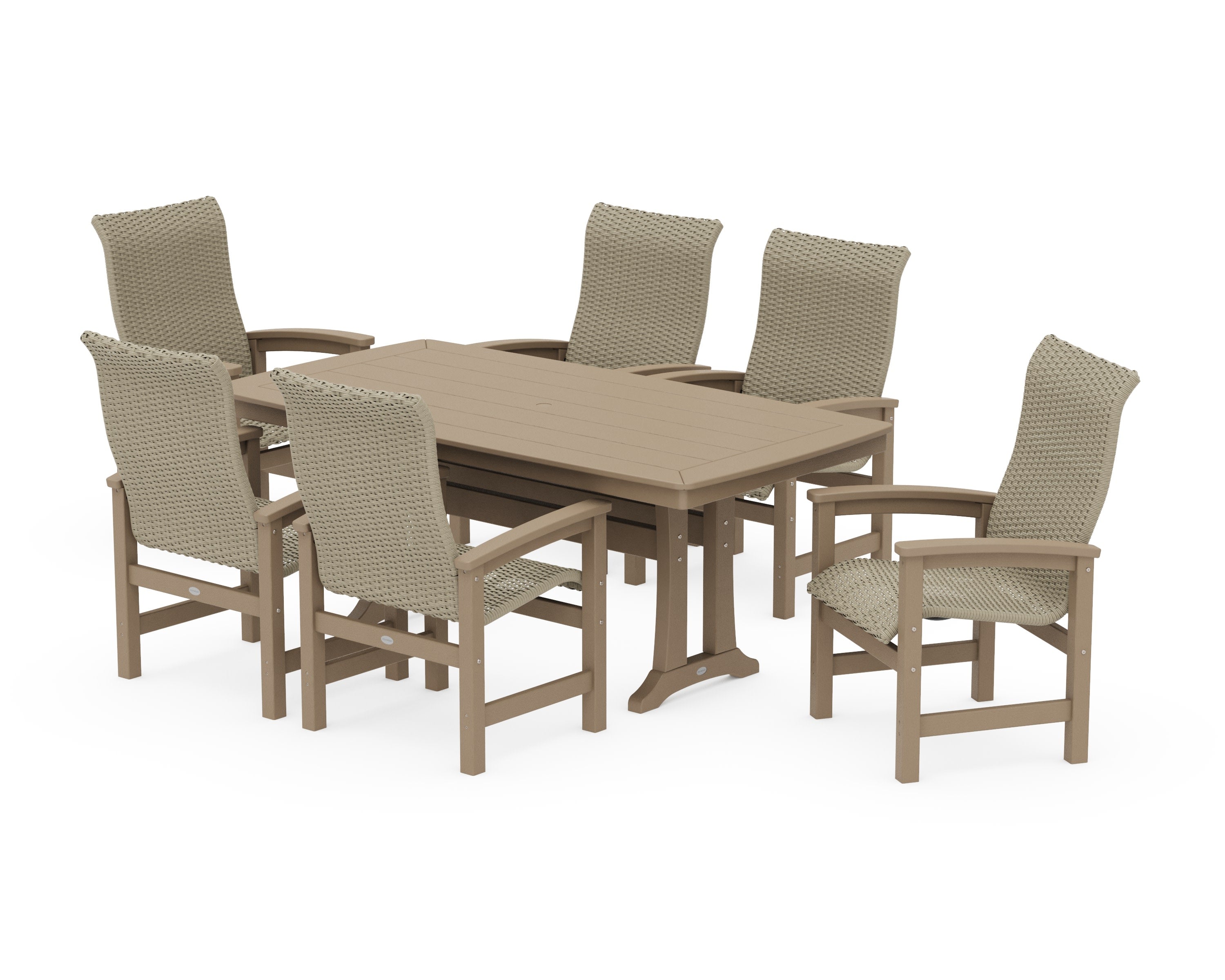 Coastal Woven High-Back Arm Chair 7-Piece Dining Set with Trestle Legs in Vintage Sahara / Dune Grass