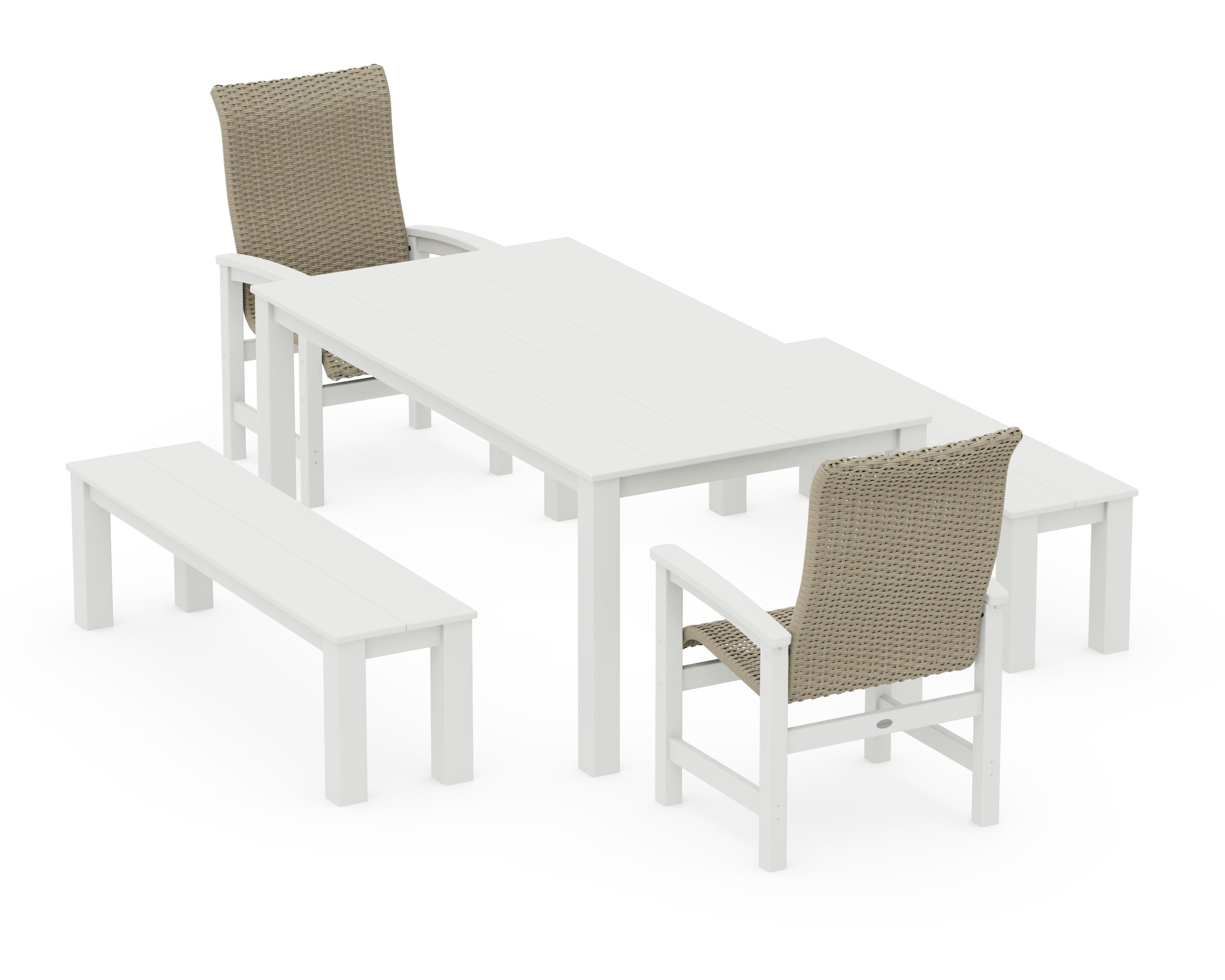 Coastal Woven High-Back 5-Piece Parsons Dining Set with Benches in White / Dune Grass