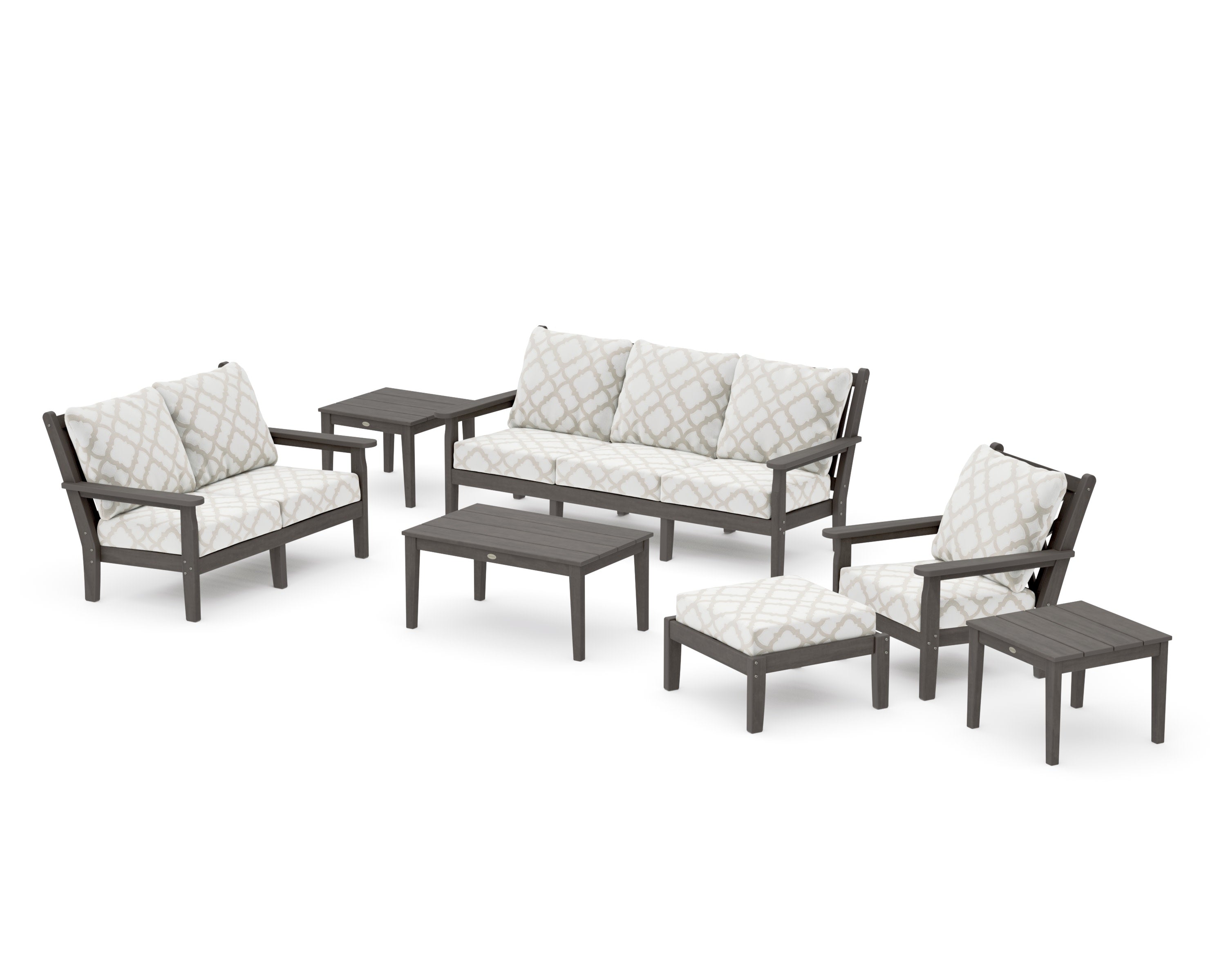 Chippendale 7-Piece Deep Seating Set in Driftwood / Trellis Dune Burlap