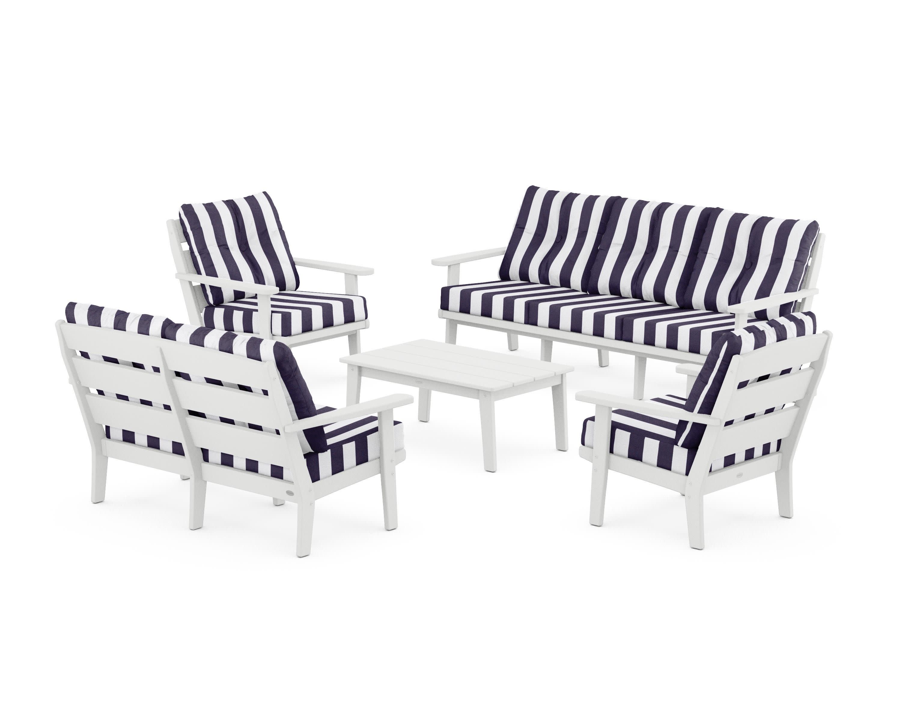 Lakeside 5-Piece Lounge Sofa Set in White / Cabana Stripe Navy