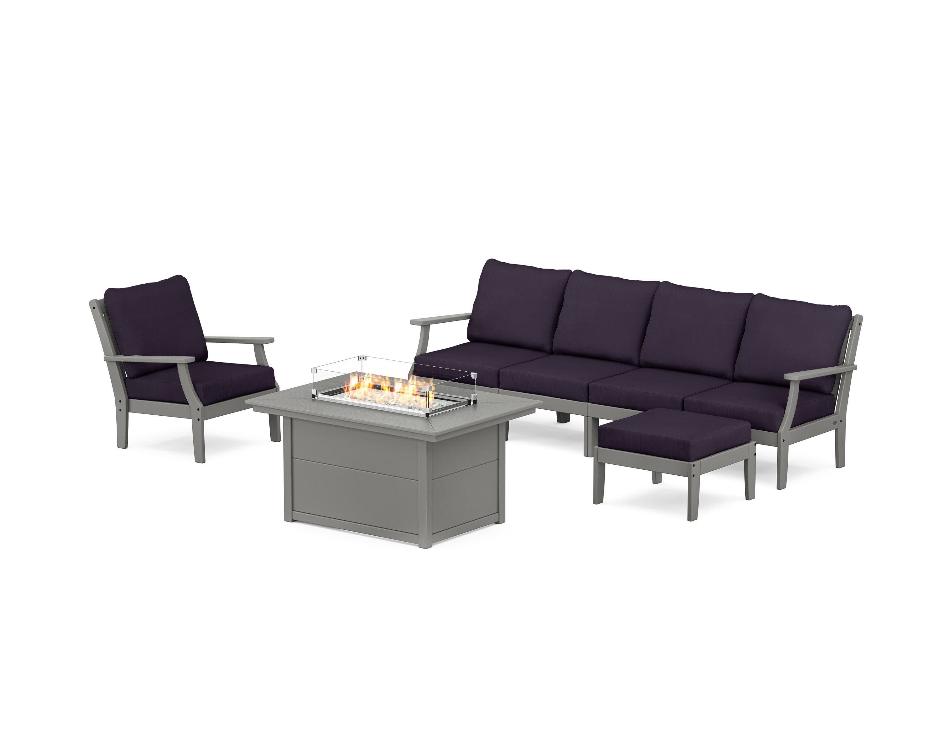 Braxton Sectional Lounge and Fire Pit Set in Slate Grey / Navy Linen