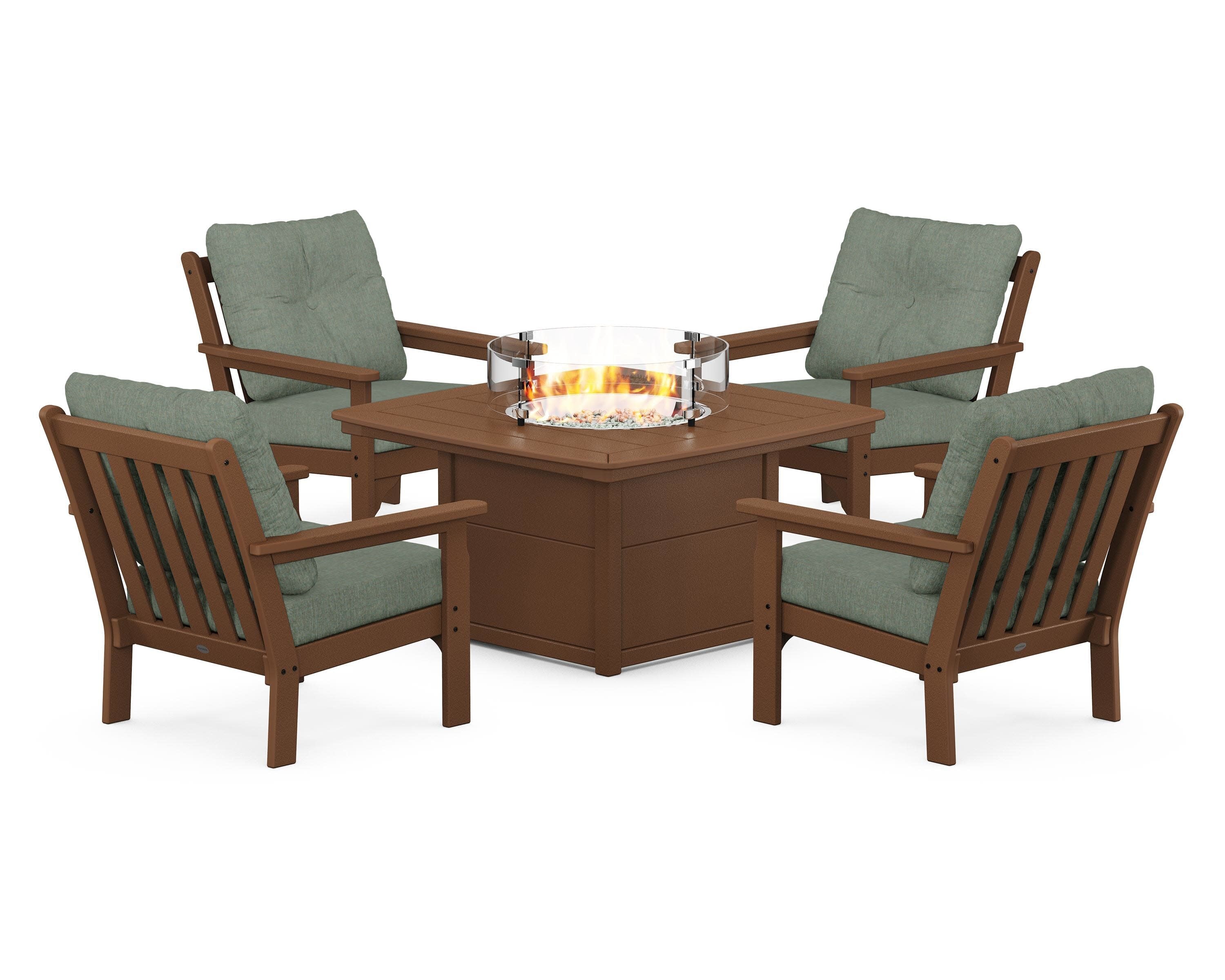Vineyard 5-Piece Conversation Set with Fire Pit Table in Teak / Cast Sage
