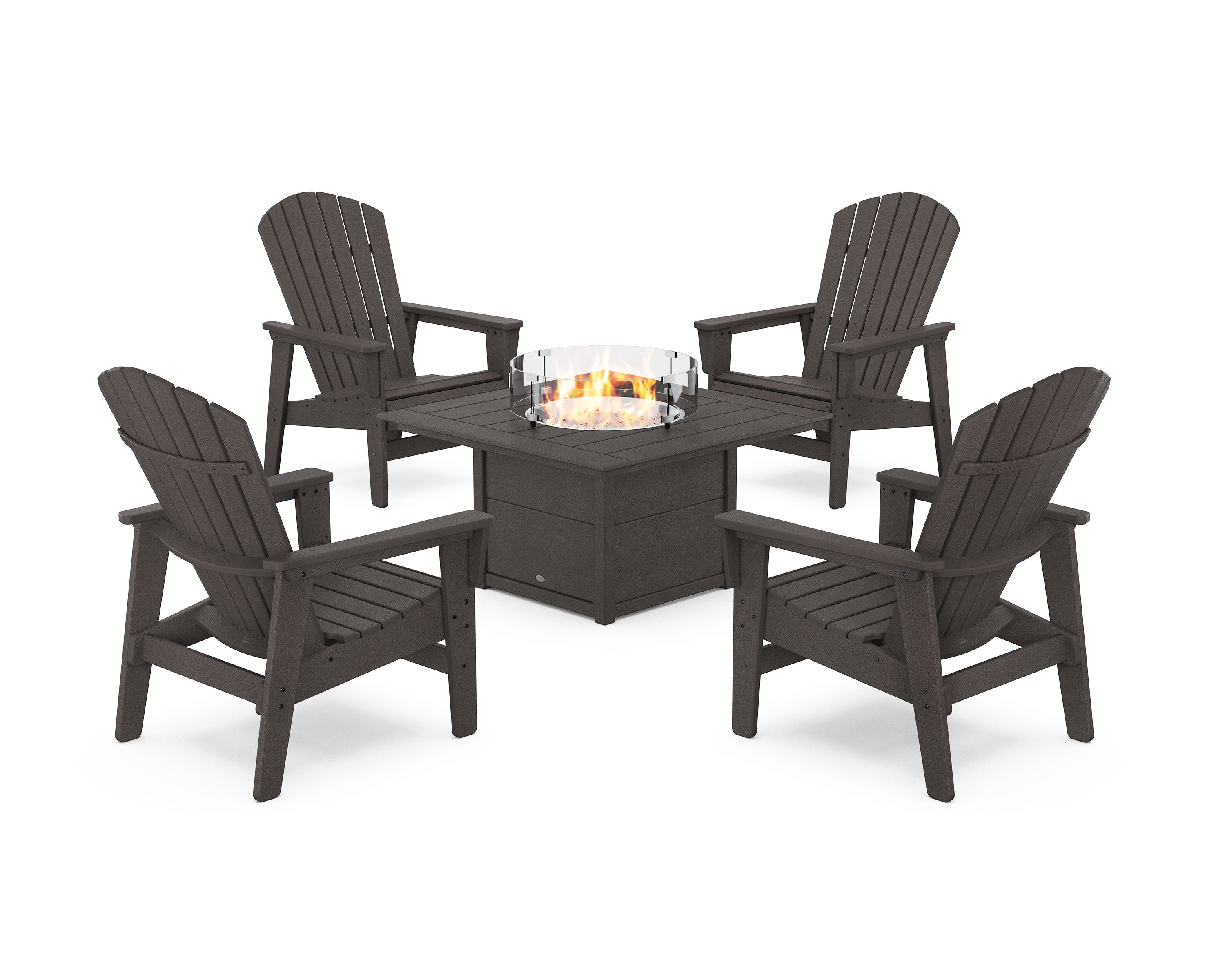 5-Piece Nautical Grand Upright Adirondack Conversation Set with Fire Pit Table in Vintage Coffee