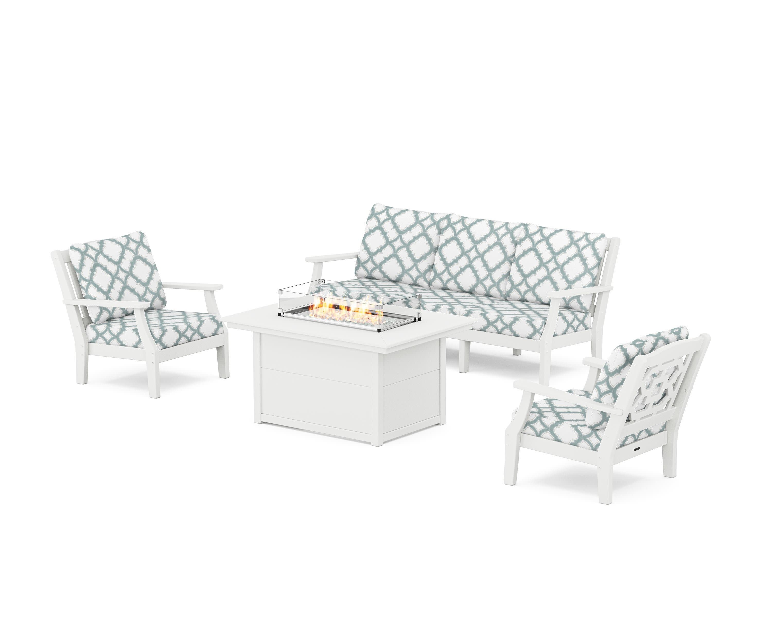 Chinoiserie Deep Seating Fire Pit Table Set in White / Trellis Glacier Spa