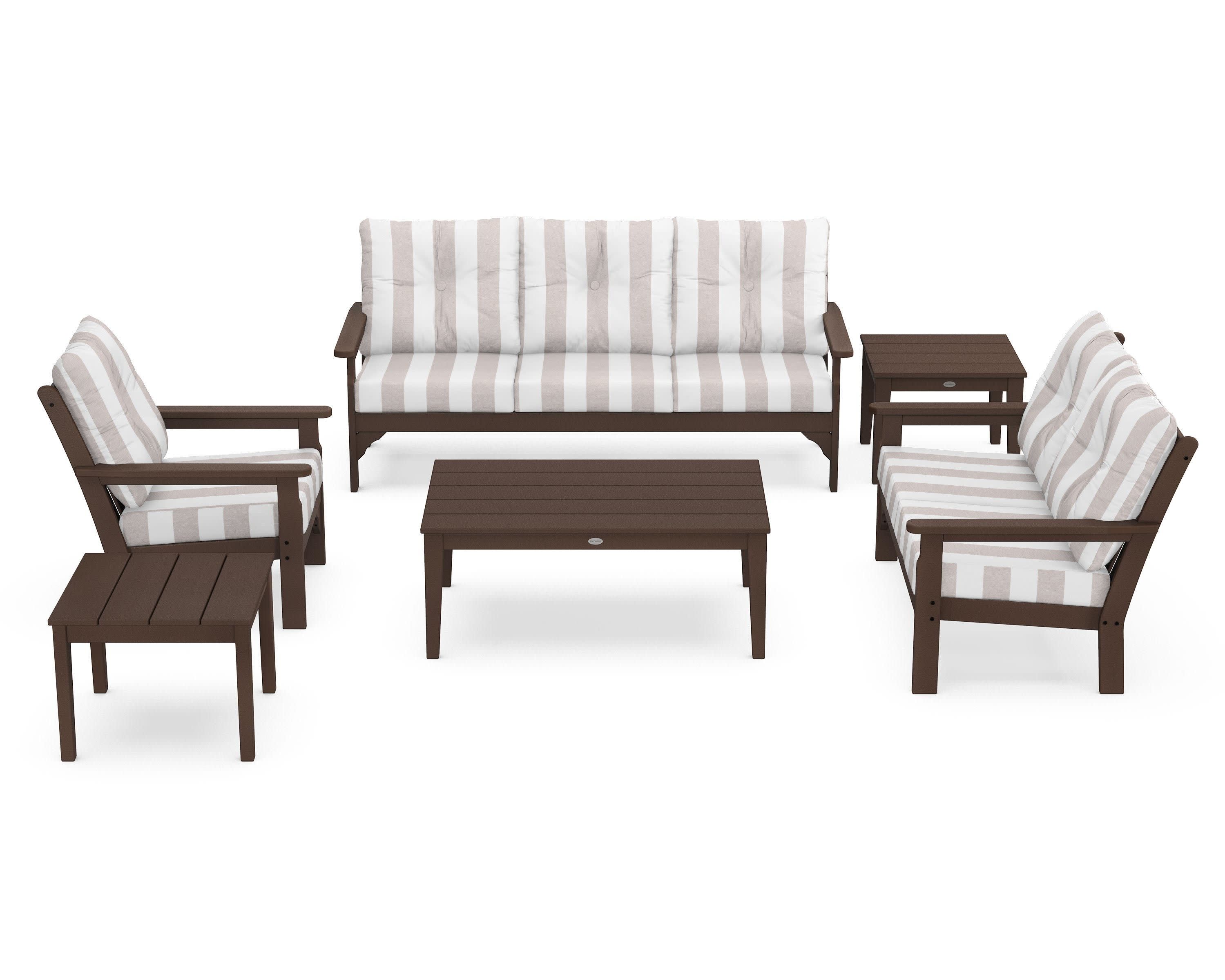 Vineyard 6-Piece Deep Seating Set in Mahogany / Cabana Stripe Dune Burlap