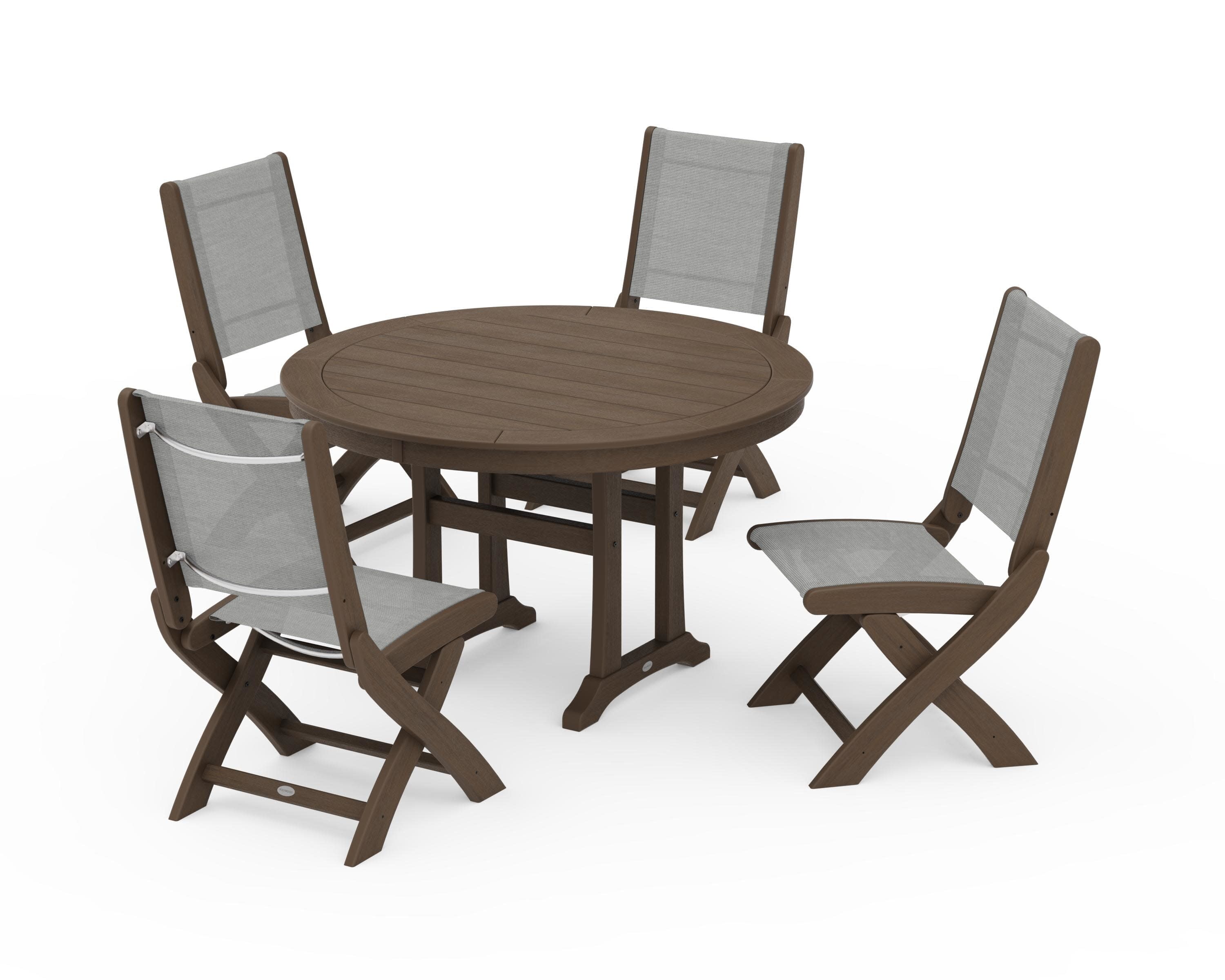 Coastal Folding Side Chair 5-Piece Round Dining Set With Trestle Legs in Kona / Metallic Sling