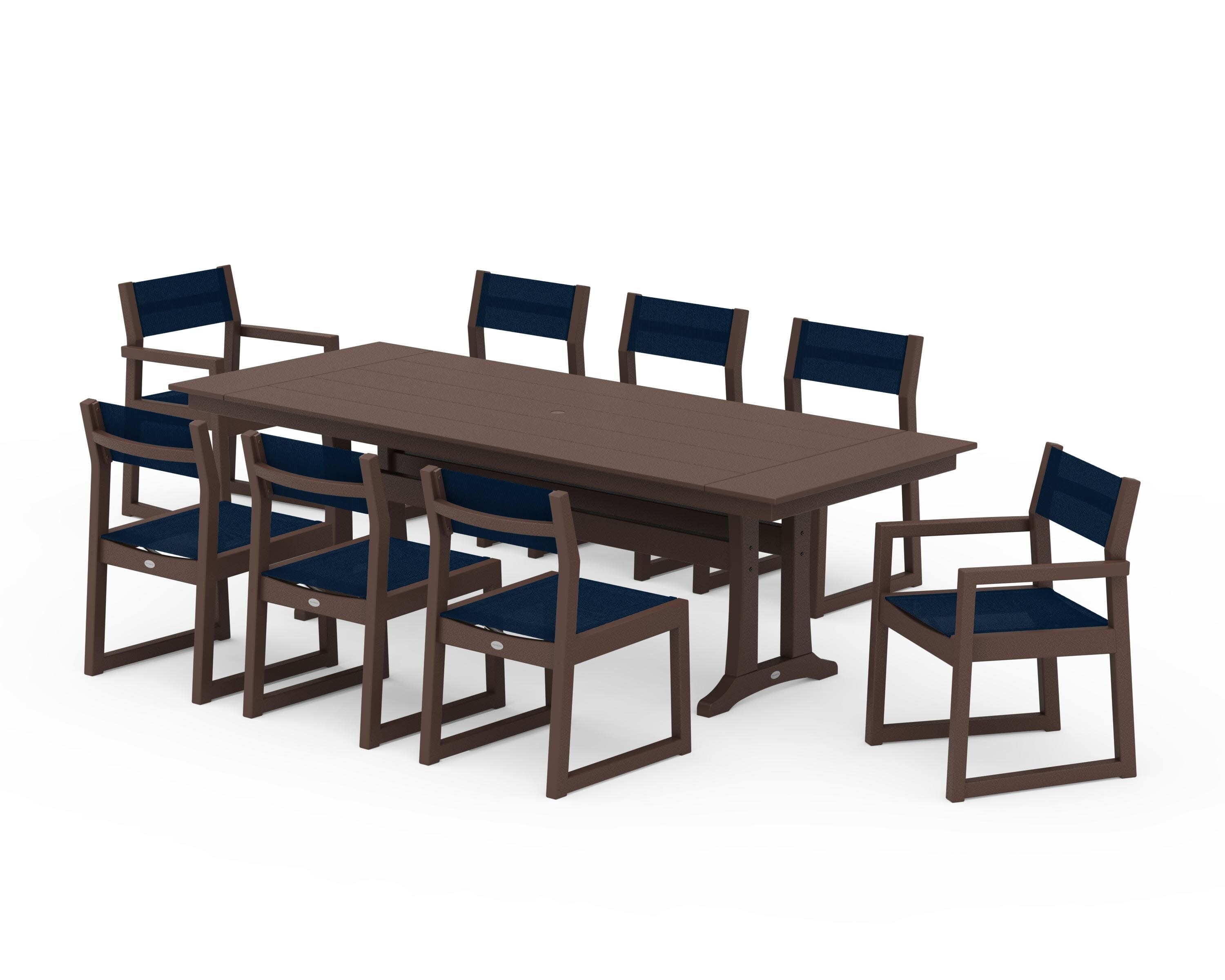 EDGE Sling 9-Piece Farmhouse Trestle Dining Set in Mahogany / Navy Blue Sling