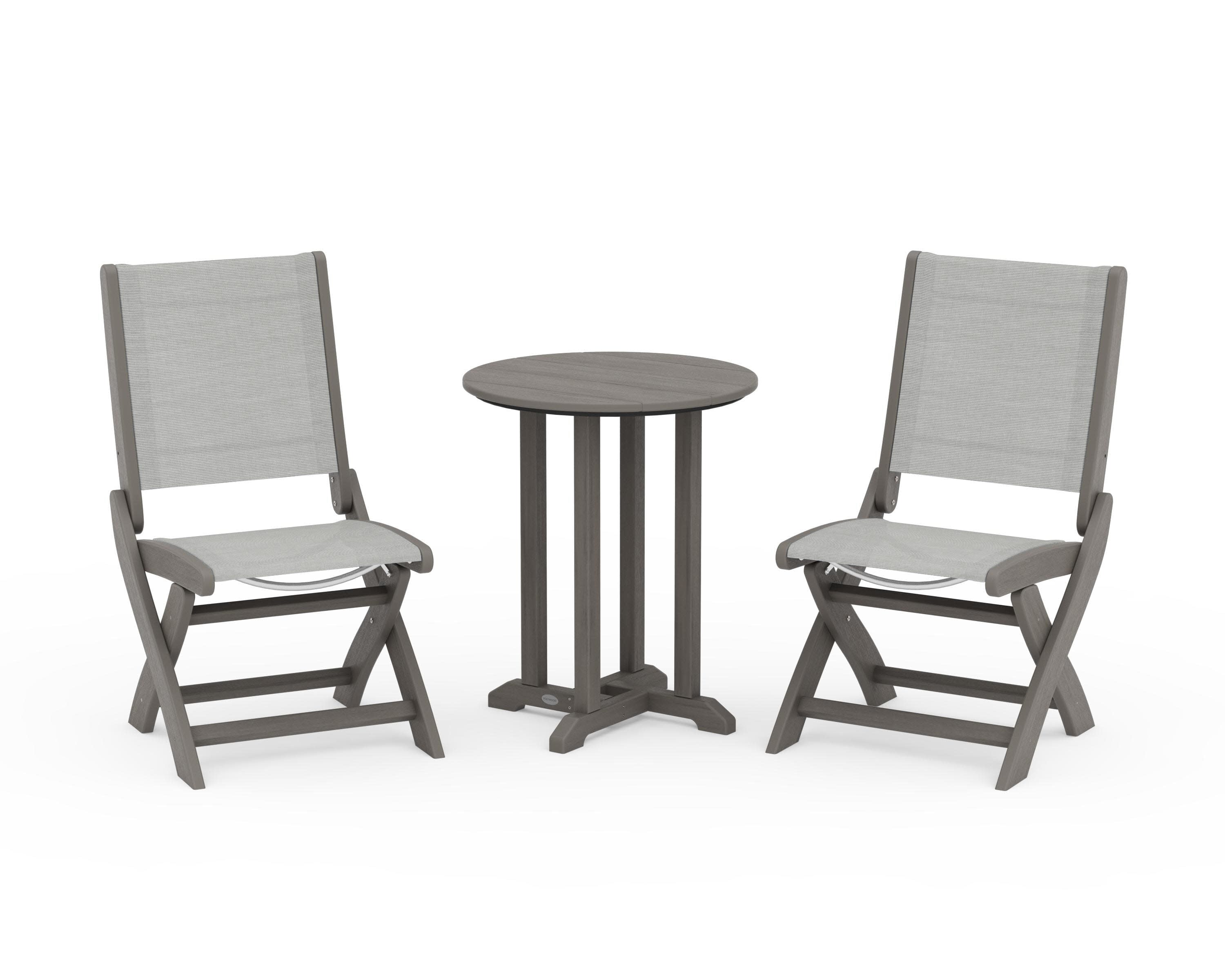 Coastal Folding Side Chair 3-Piece Round Bistro Dining Set in Driftwood / Metallic Sling