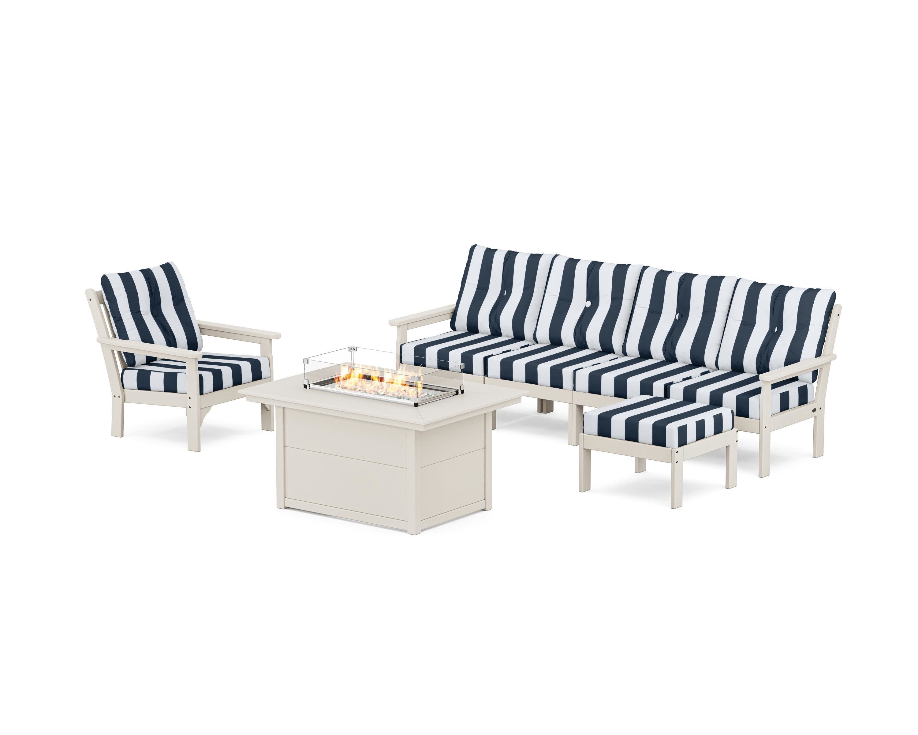 Vineyard Sectional Lounge and Fire Pit Set in Sand / Cabana Stripe Marine Indigo