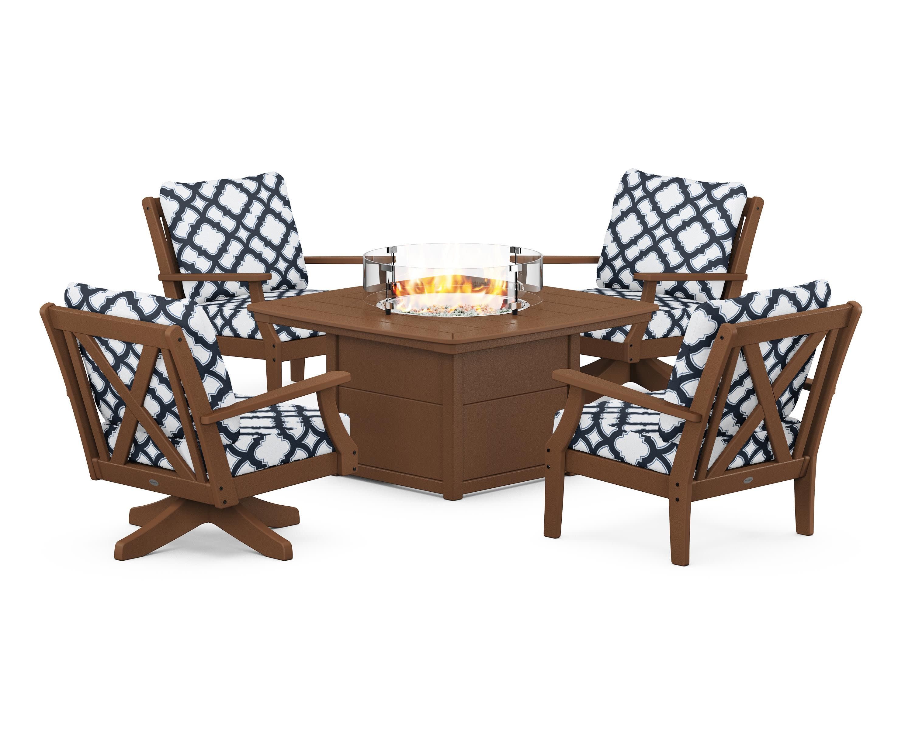 Braxton 5-Piece Deep Seating Set with Fire Table in Teak / Trellis Marine Indigo