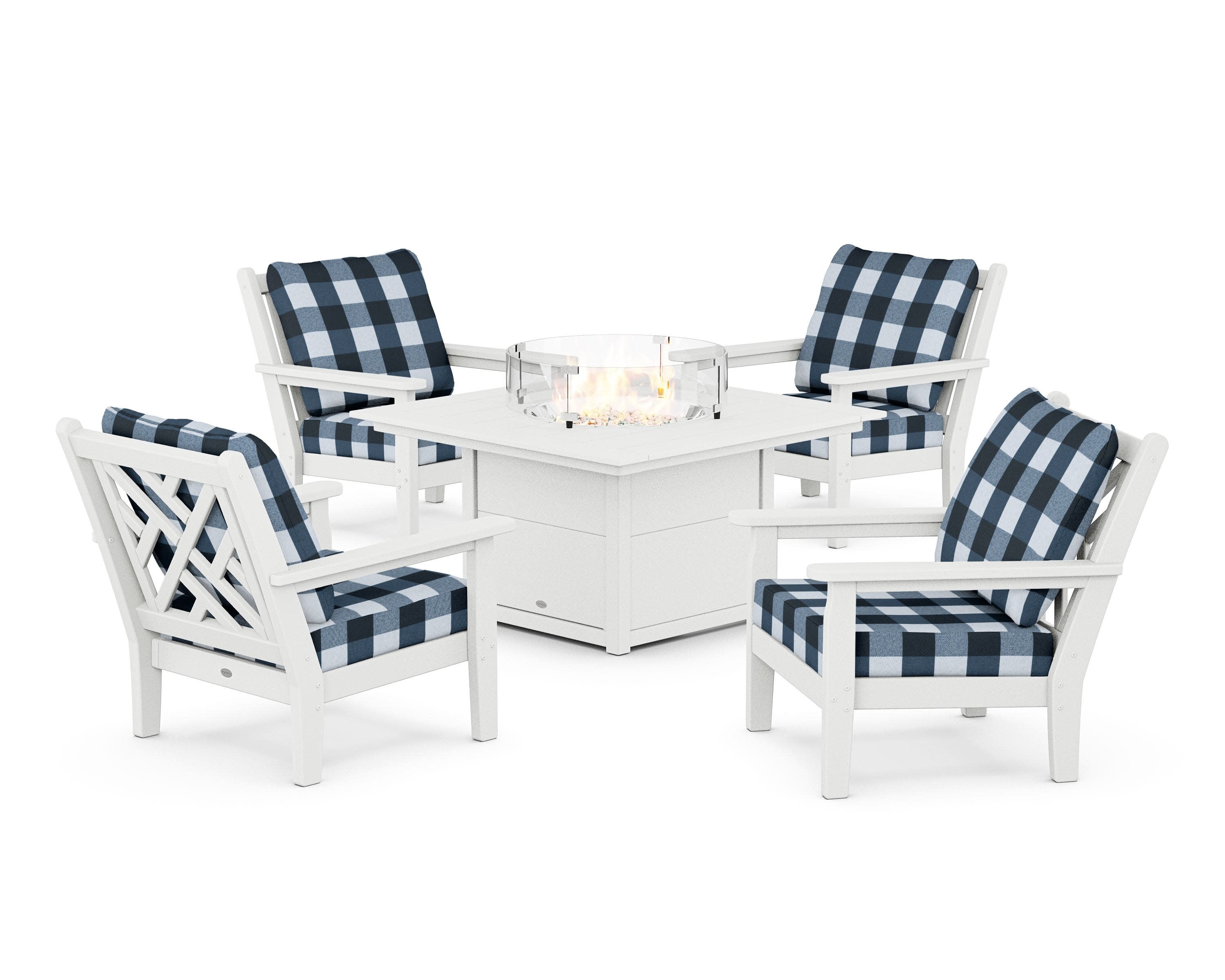 Chippendale 5-Piece Deep Seating Set with Fire Pit Table in White / Buffalo Plaid Marine Indigo
