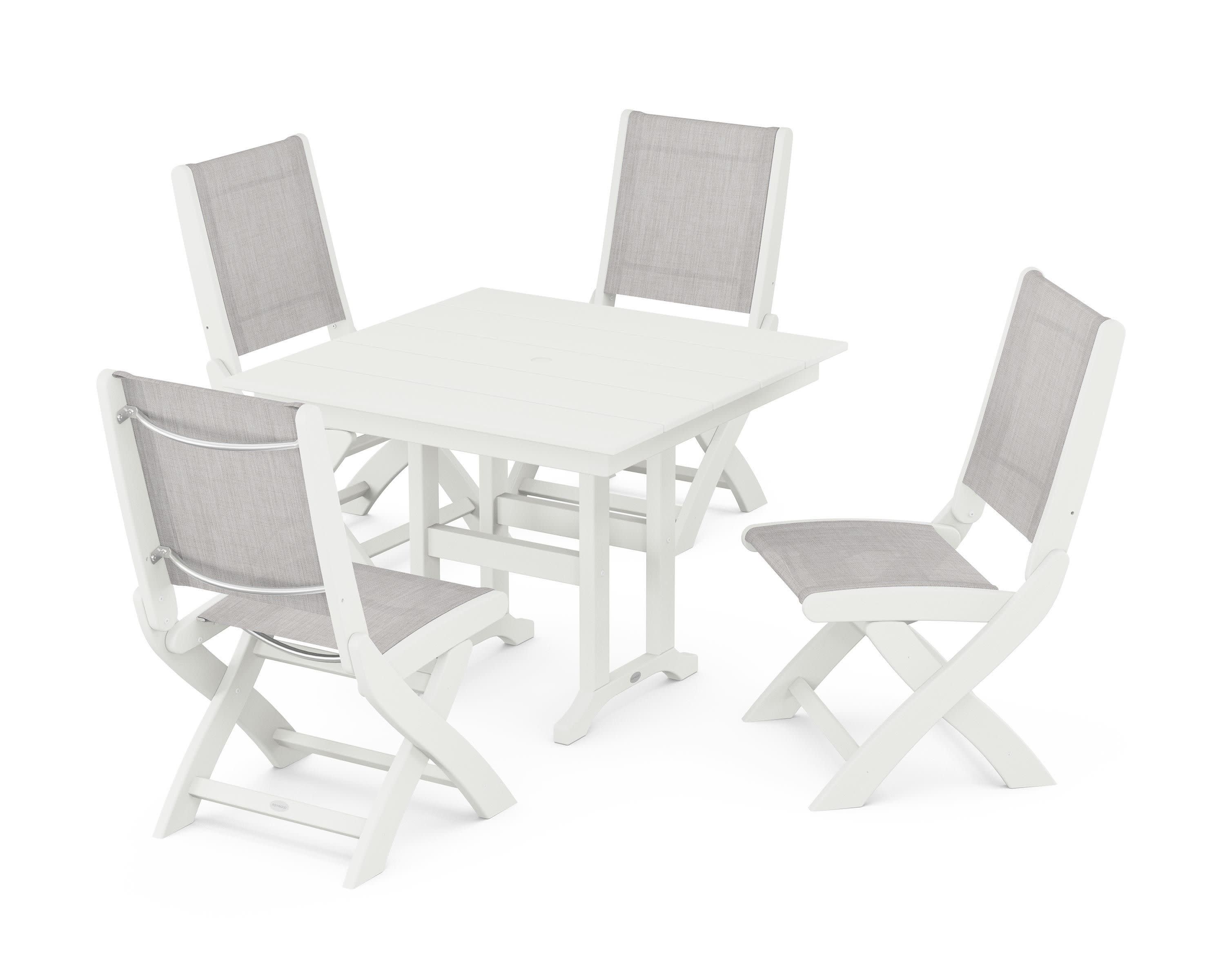 Coastal Folding Side Chair 5-Piece Farmhouse Dining Set in Vintage White / Parchment Sling