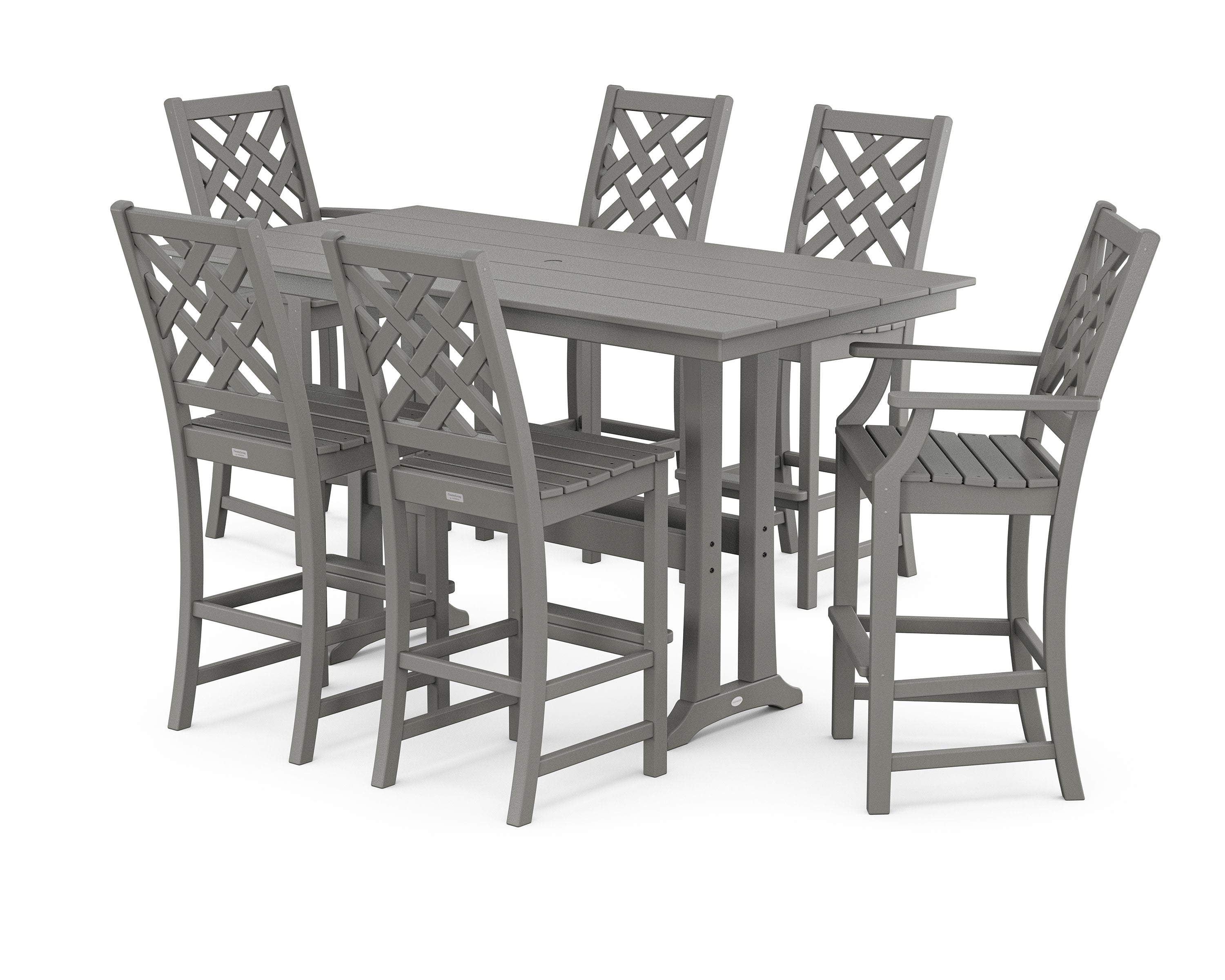 Wovendale 7-Piece Farmhouse Bar Set with Trestle Legs in Slate Grey