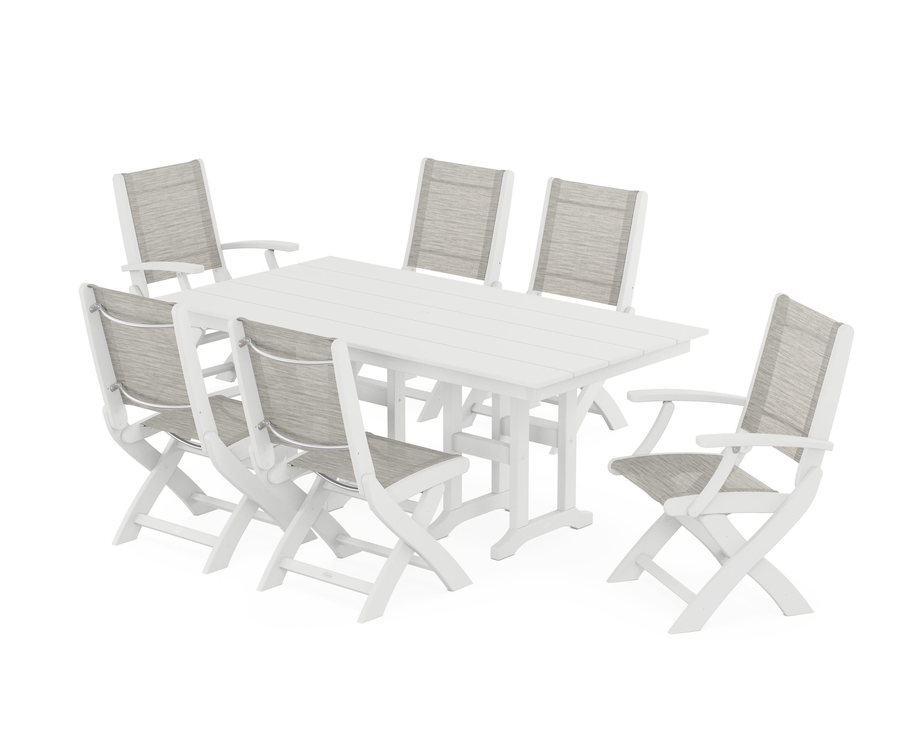 Coastal Folding Chair 7-Piece Farmhouse Dining Set in White / Birch Sling