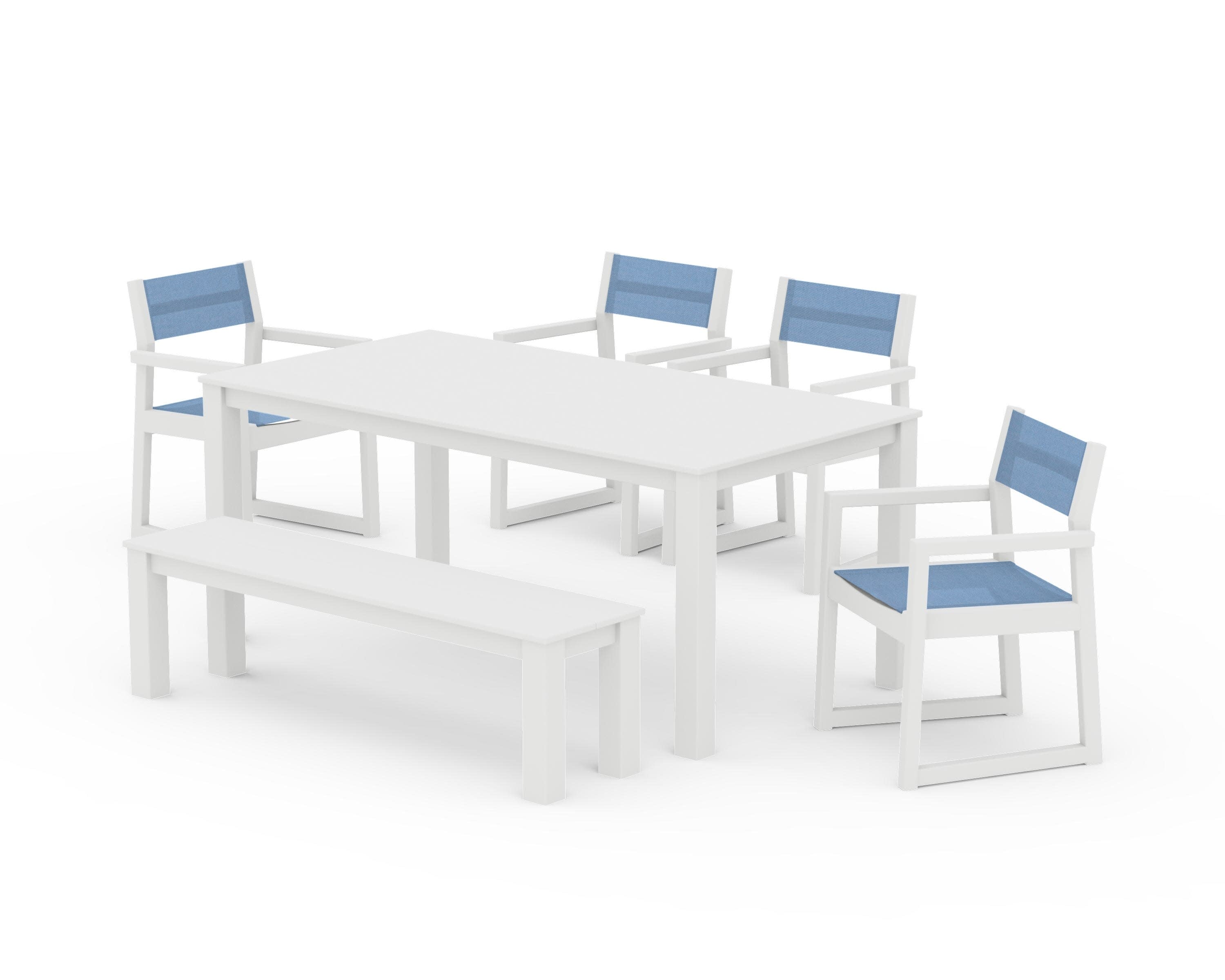 EDGE Sling Arm Chair 6-Piece Parsons Dining Set with Bench in White / Poolside Sling