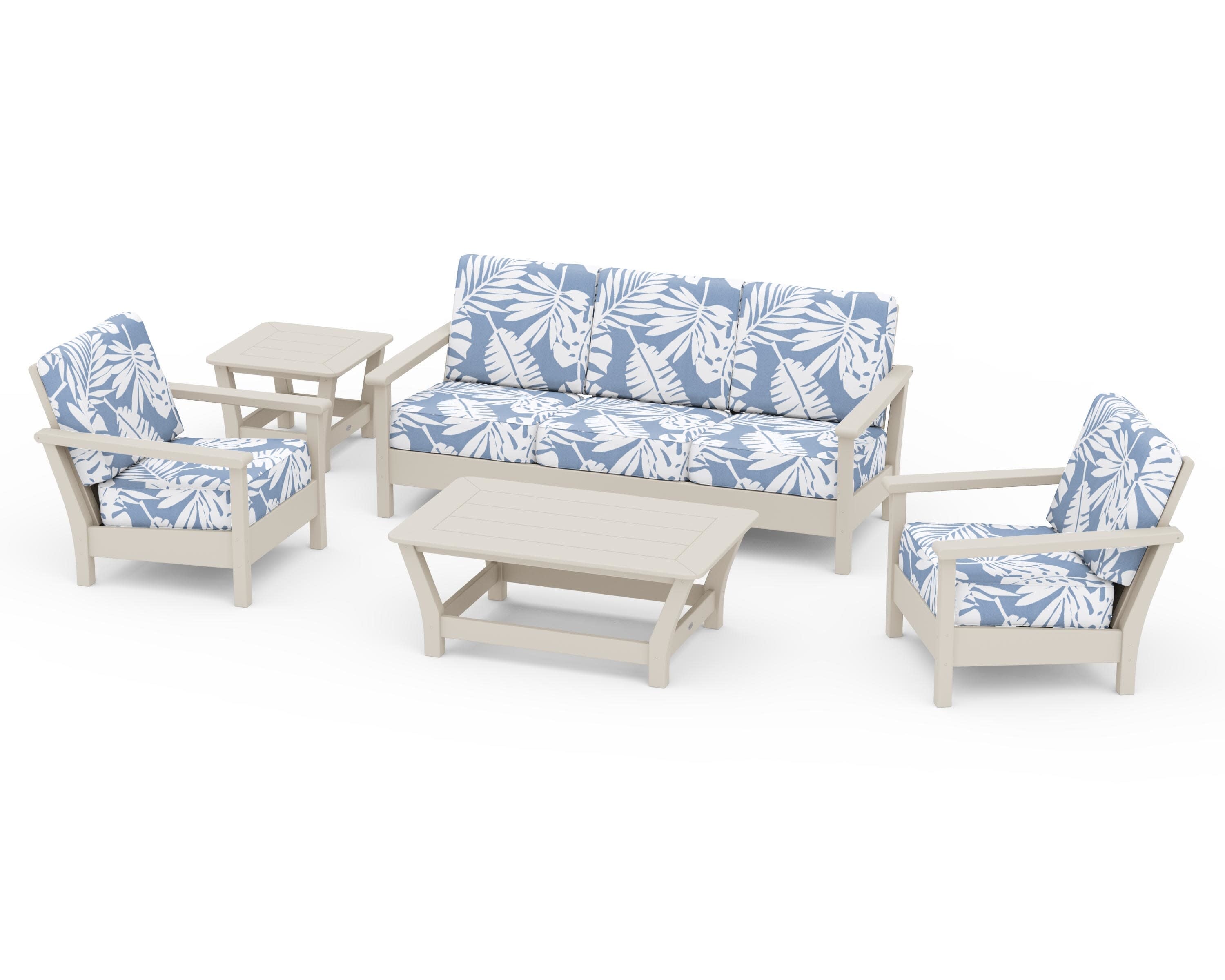 Harbour 5-Piece Deep Seating Set in Sand / Leaf Sky Blue