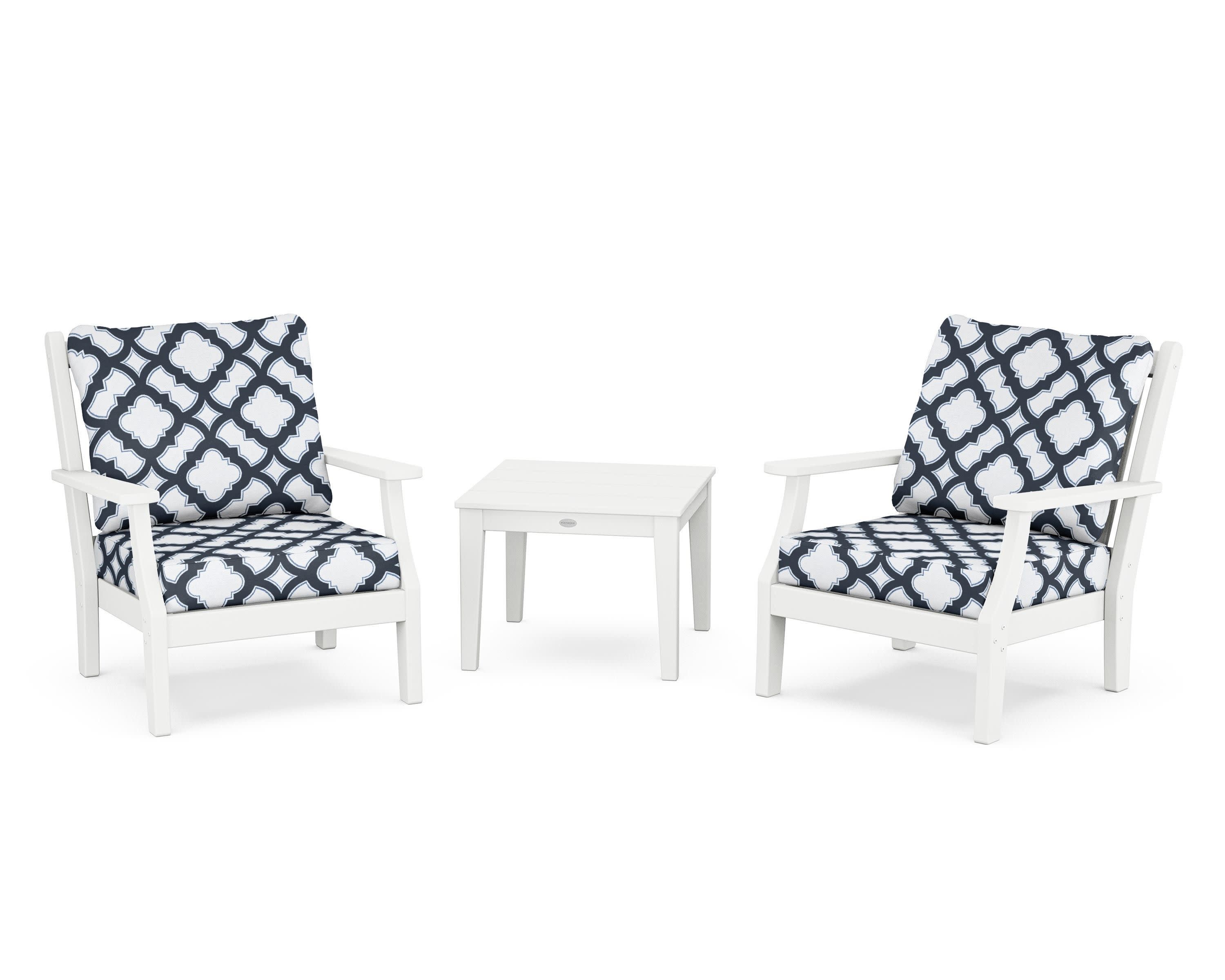 Wovendale 3-Piece Deep Seating Set in White / Trellis Marine Indigo