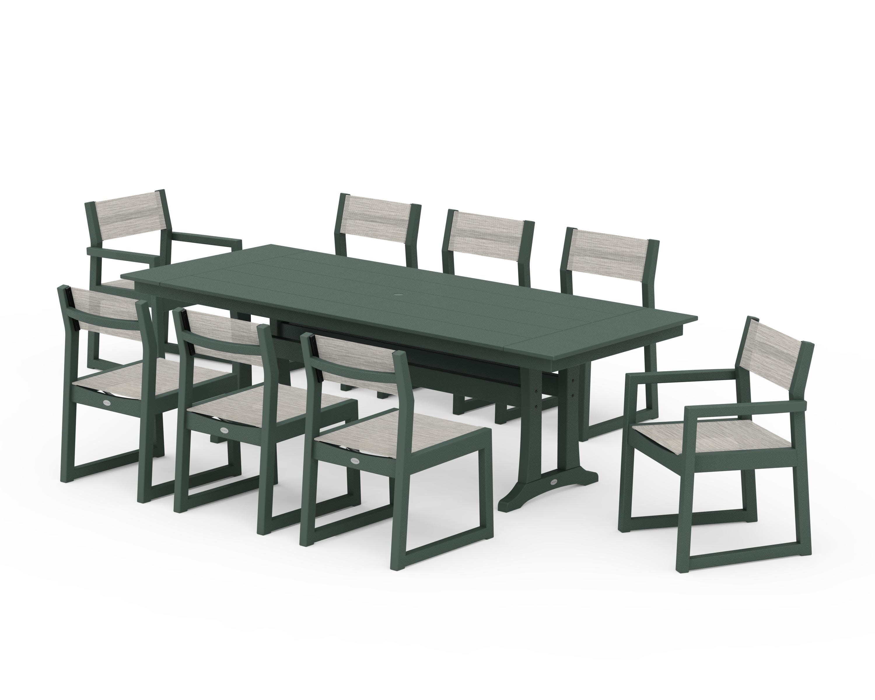 EDGE Sling 9-Piece Farmhouse Trestle Dining Set in Green / Birch Sling
